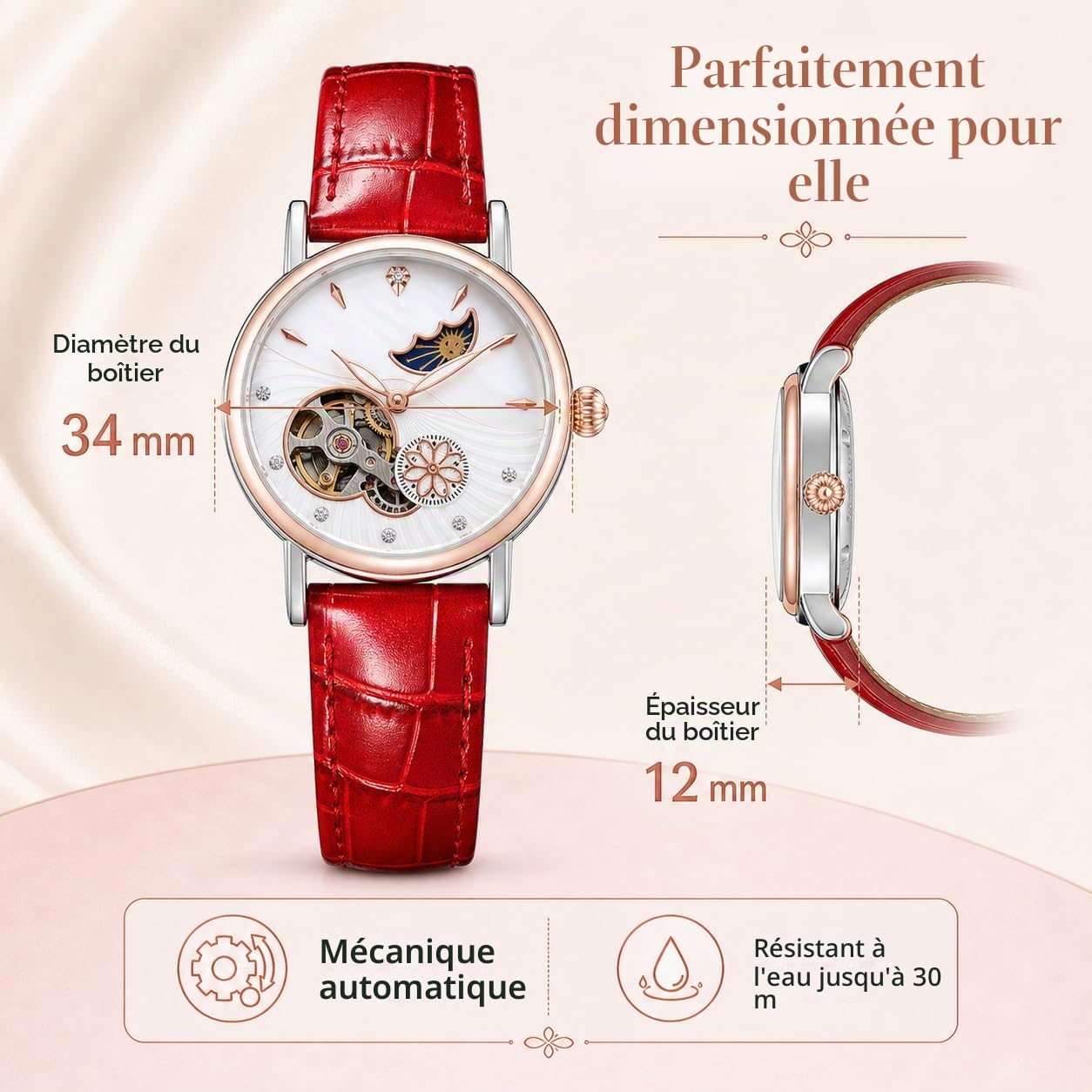 Montre mécanique automatique pour femme en acier inoxydable avec cadran à phases de lune et bracelet en cuir étanche