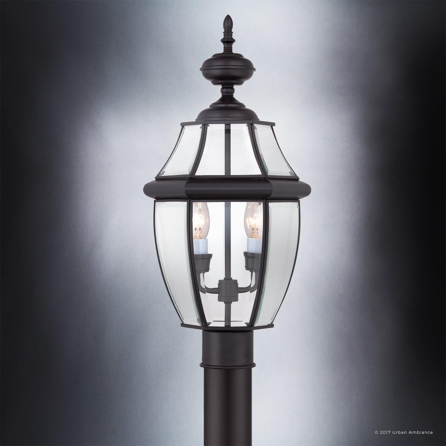 Creative Product Luxury Colonial Outdoor Post Light, Large Size: 21H x 11W, with Tudor Style Elements, Versatile Design, High-End Black Silk Finish and Beveled Glass, UQL1148 by Urban Ambiance