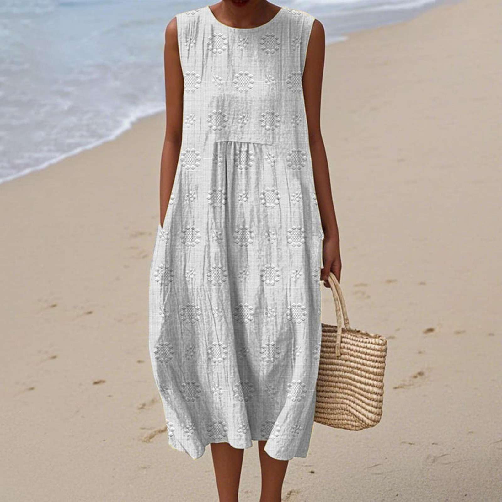 Robe Lin Femme D'été Coton Grande Taille Bohème Chic Vacances Trapèze Longue Décontractée sans Manches Élégante Plage Mi Fluide Fleurie Vêtements Rondes Fête Légère Vintage A-Line Poches Midi