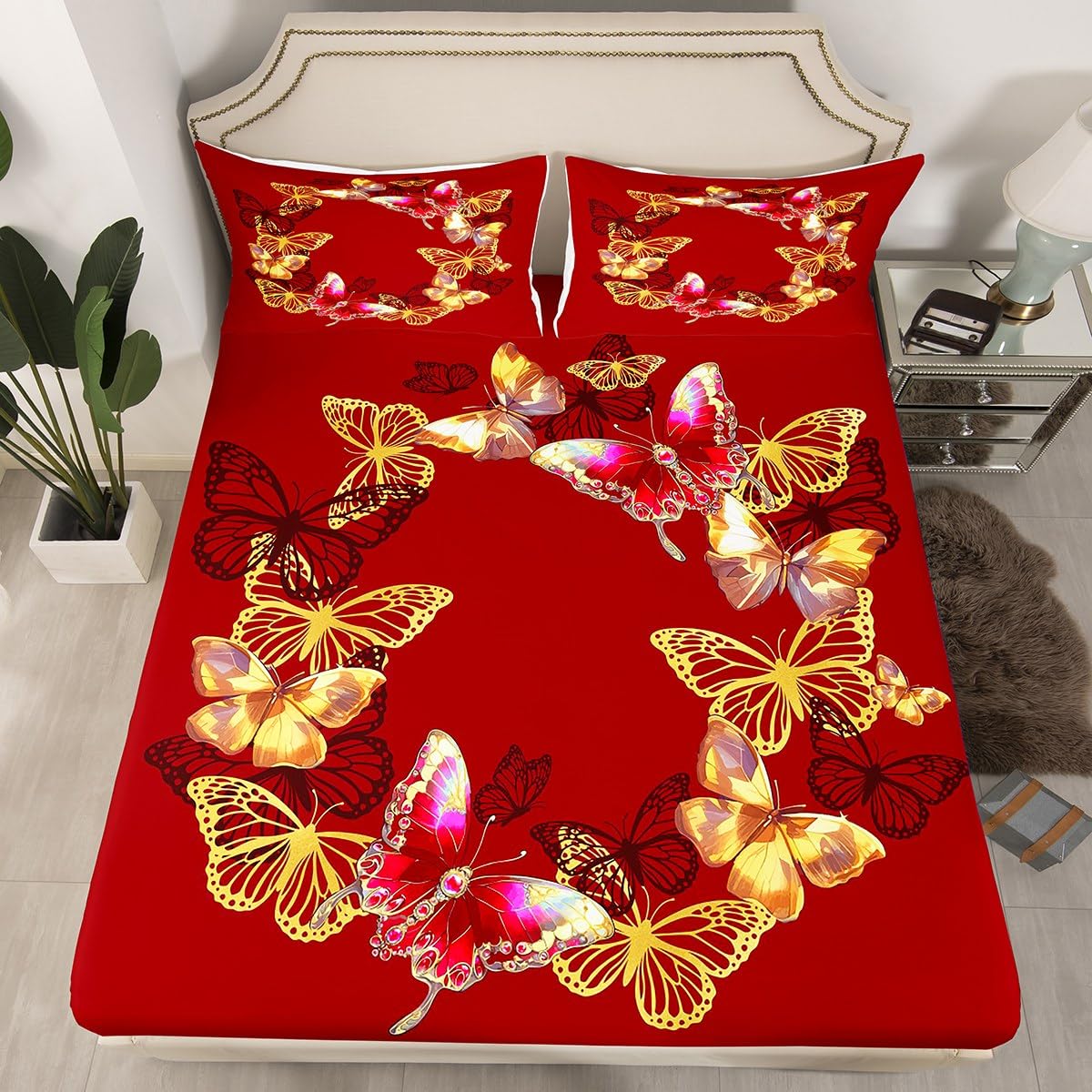 Manfei Butterfly Girls Fitted Sheet Double Size, Fashion Burgundy Bedding Set for Kids Teens Adults Bedroom Decor, Watercolor Butterflies Bed Cover with 2 Pillowcases, Soft Polyester Bedding