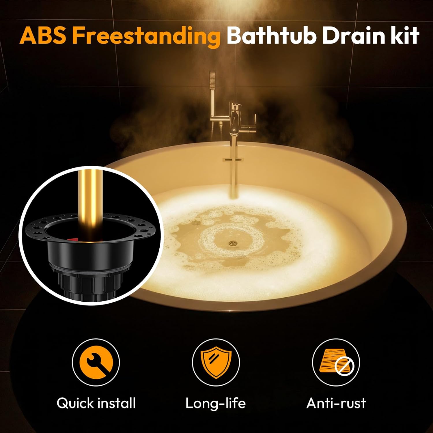 Freestanding Tub Drain, ABS Free Standing Tub Drain Kit For All Freestanding Bathtubs,1-1/2” to 2” Drainage Pipe Fitting, Brass Tailpipe, Quick Installation and Removal