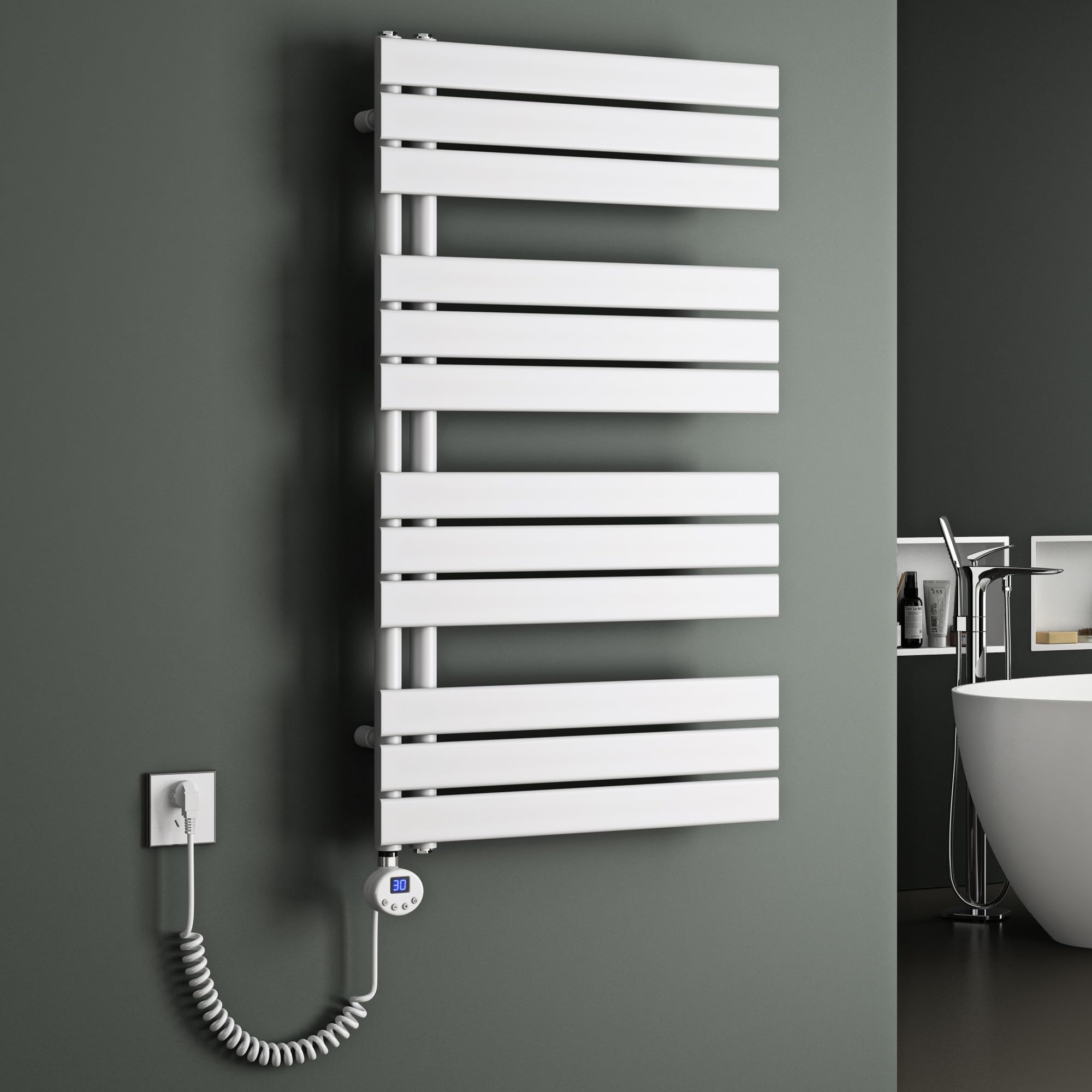 Mai & Mai Radiador de Baño Eléctrico 104x60 cm en Blanco Conexión lateral Toallero Calentador de Toallas Calefacción de Baño con Barra Calefactora 800W
