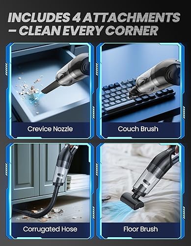 Miniatura 6 de Aspiradora de mano inalámbrica, succión de alta potencia de 26,000 Pa, aspiradora portátil recargable para el hogar, pelo de mascotas, teclado y