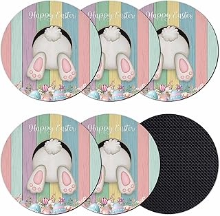Easter Bunny Coasters Set of 6, Absorbent Coasters for Drinks, Cute Rabbit Eggs Flowers Colorful Wood Plank Coaster for Desk Coffee Table Protection, Home Decor House Warming Gifts 4"