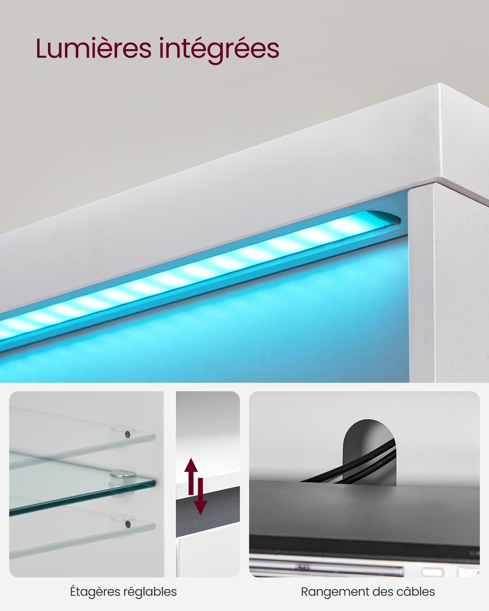 VASAGLE Kailyn Collection - Meuble TV avec LED, pour Les Téléviseurs Jusqu’à 70 Pouces, avec Étagères Ouvertes en Verre, 2 Placards avec Portes, 160 cm, Moderne, pour Salon, Chambre, Blanc LTV331T10