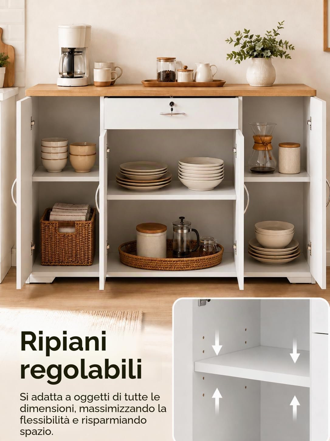 Credenza Sala da Pranzo Bianca con 4 Ante e 1 Cassetto 110×30×70cm | Credenza con 4 ante e 1 cassetto, spazio pratico per organizzare stoviglie, posate e accessori nella sala da pranzo
