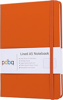 pdbq A5 Notebook Hardback Journal Lined Notebook A5 Inner Pocket Vegan Leather 128 Pages 120gsm Premium Paper with Gift box Bookmark Elastic Closure Ruled Notepad Orange
