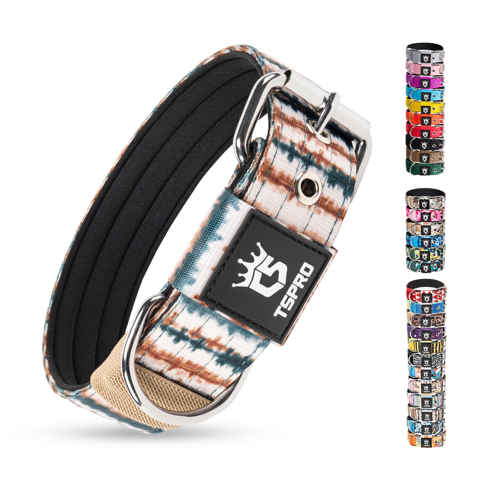 TSPRO Collar Táctico para Perros, Acolchado, Ancho 3,8 cm, Ajustable | Hebilla Metálica Robusta, Anillo D para Correas y Arneses. Paseos y Entrenamiento, perros Medianos y Grandes, 28 Colores