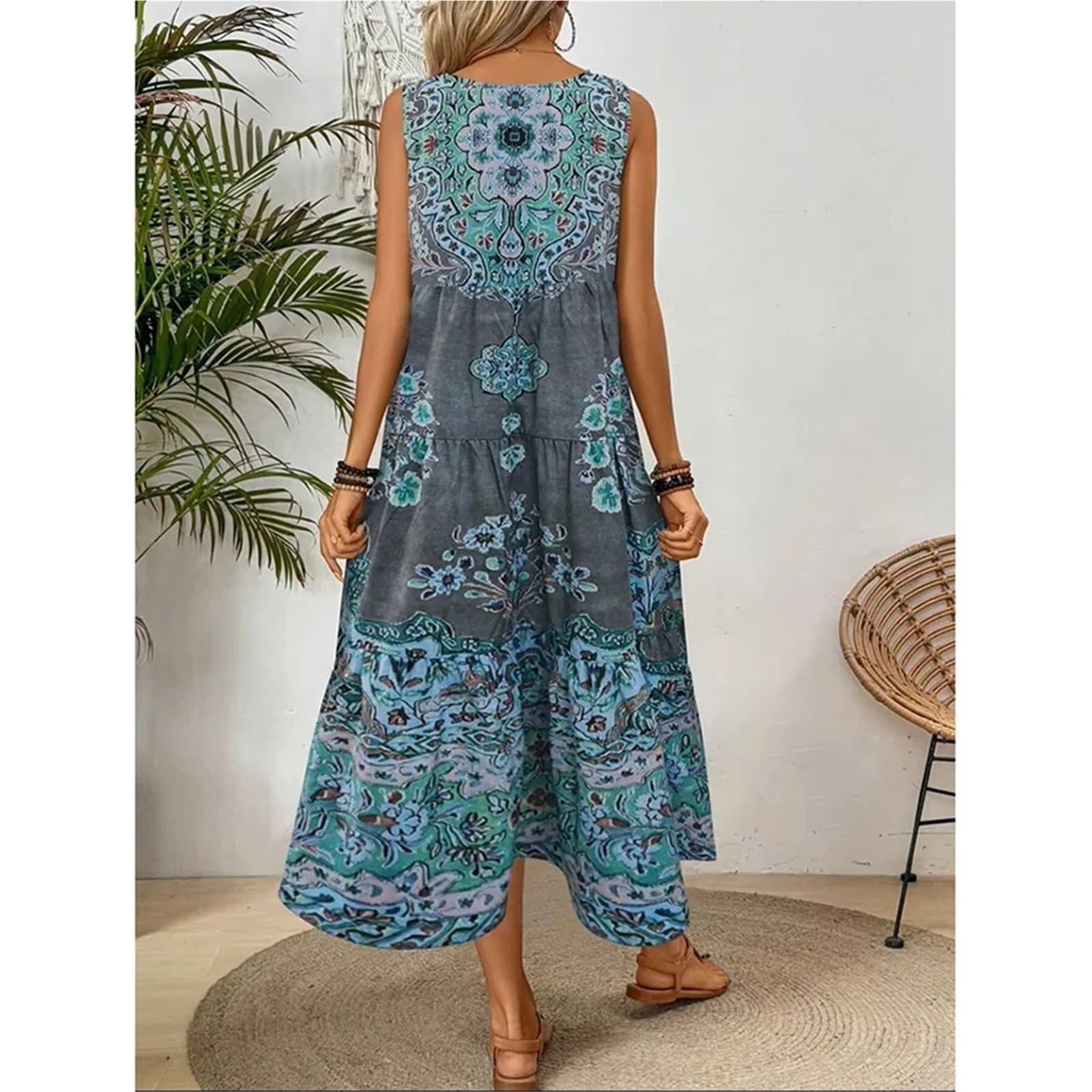 Vestido de Playa con Estampado Verano, Cuello Redondo, sin Mangas, for Mujer, Adecuado for Uso Informal o Vacaciones