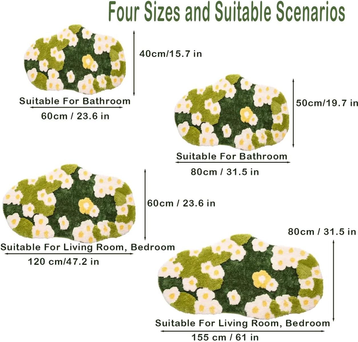 Moss Rug 3D Stereo Irregular Rug Flowers Forest Daisy Grass Moss Rug for Living Room Bedroom Home Aesthetic Decor Floor Mat Indoor Floor Plush Shaggy Area Rug Anti-Slip Modern Rugs (60*120cm)