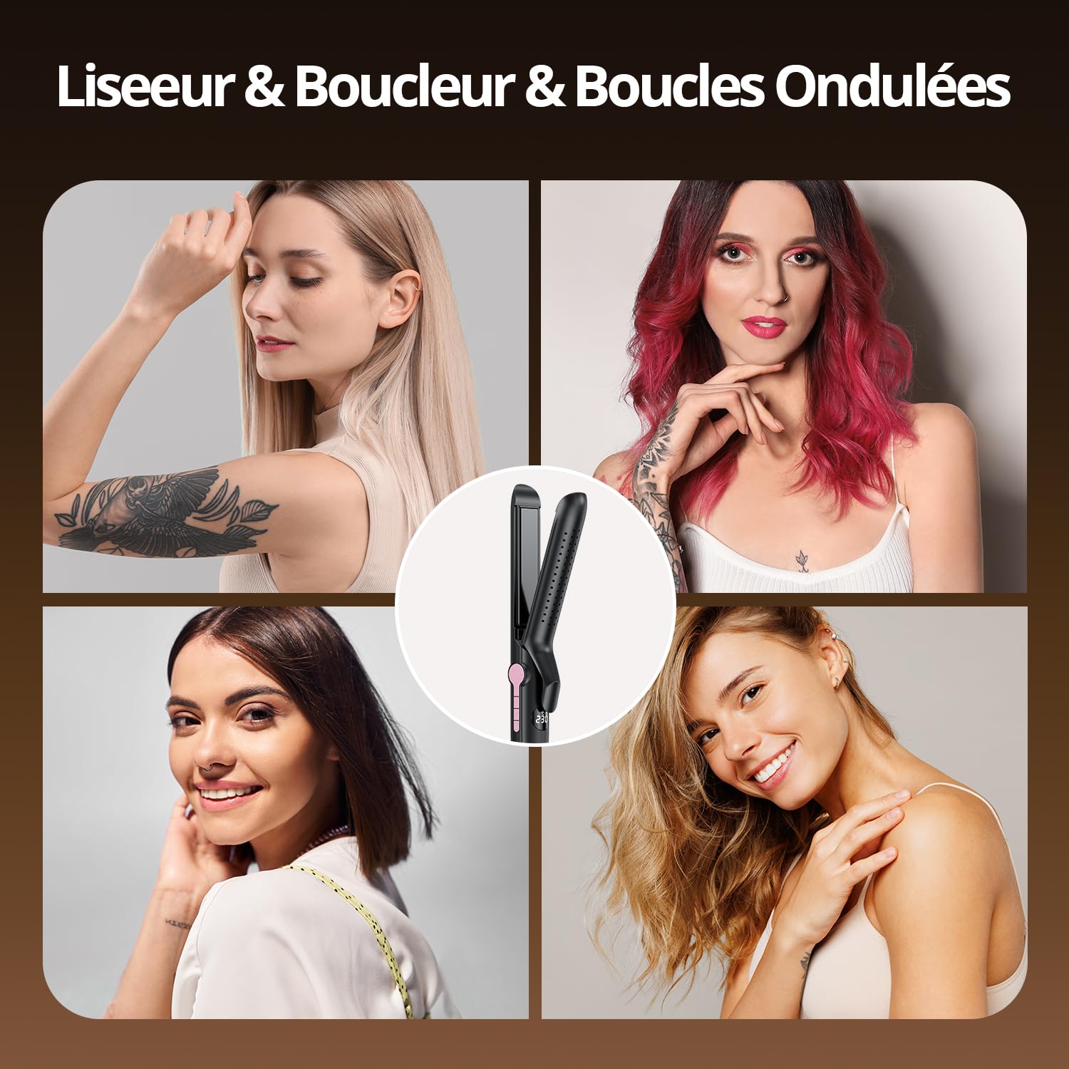 CrazyMar Lisseur à Air Froid et Boucleur Ionique 2-en-1, 9 Températures (110°C-230°C) pour Cheveux Bouclés/Lisses, Appareil de Coiffure Maison et Voyage (Noir)