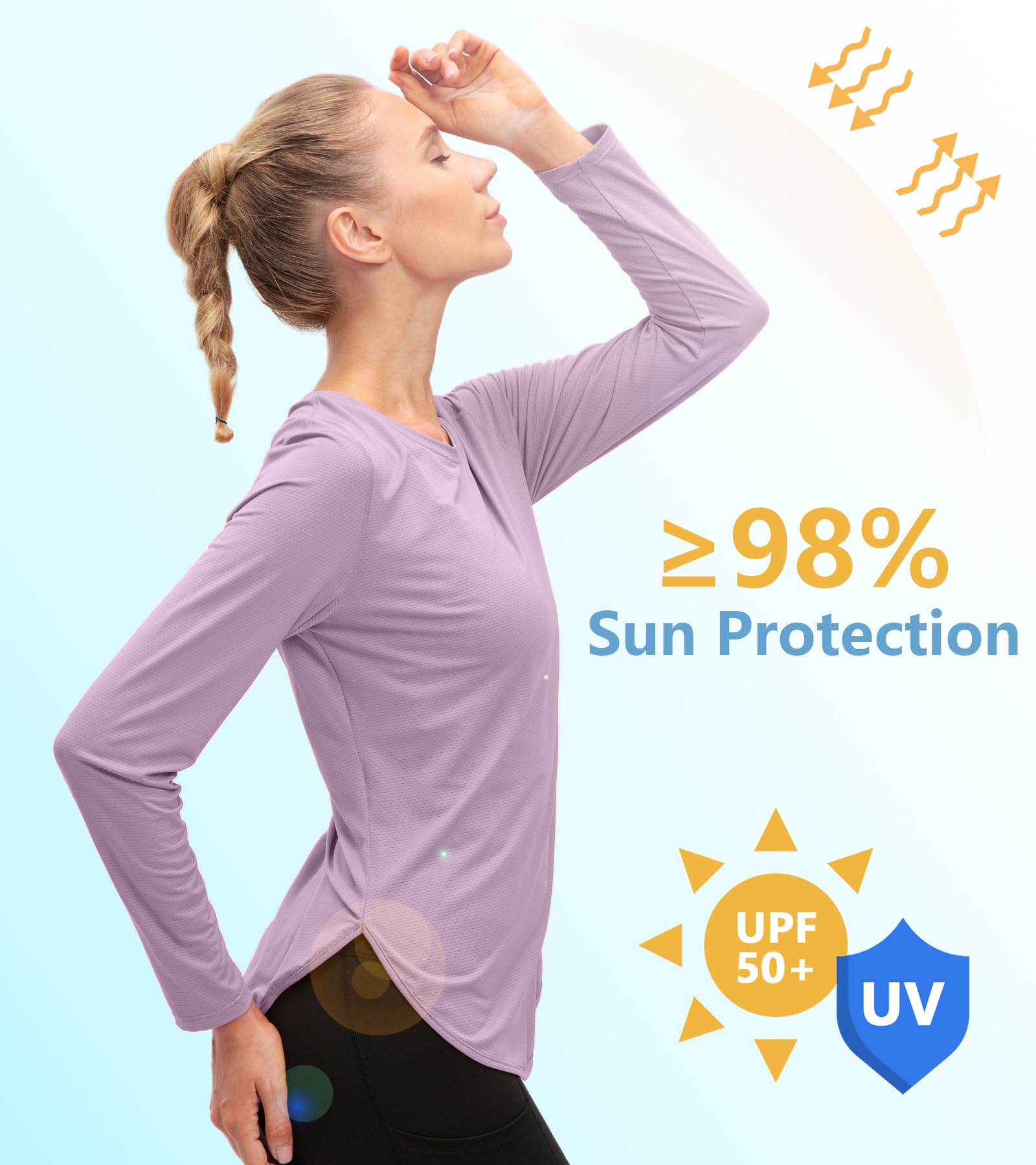 T-shirt de sport à manches longues pour femme, protection UV UPF 50+, séchage rapide, léger et respirant, haut fonctionnel pour randonnée, yoga et entraînement