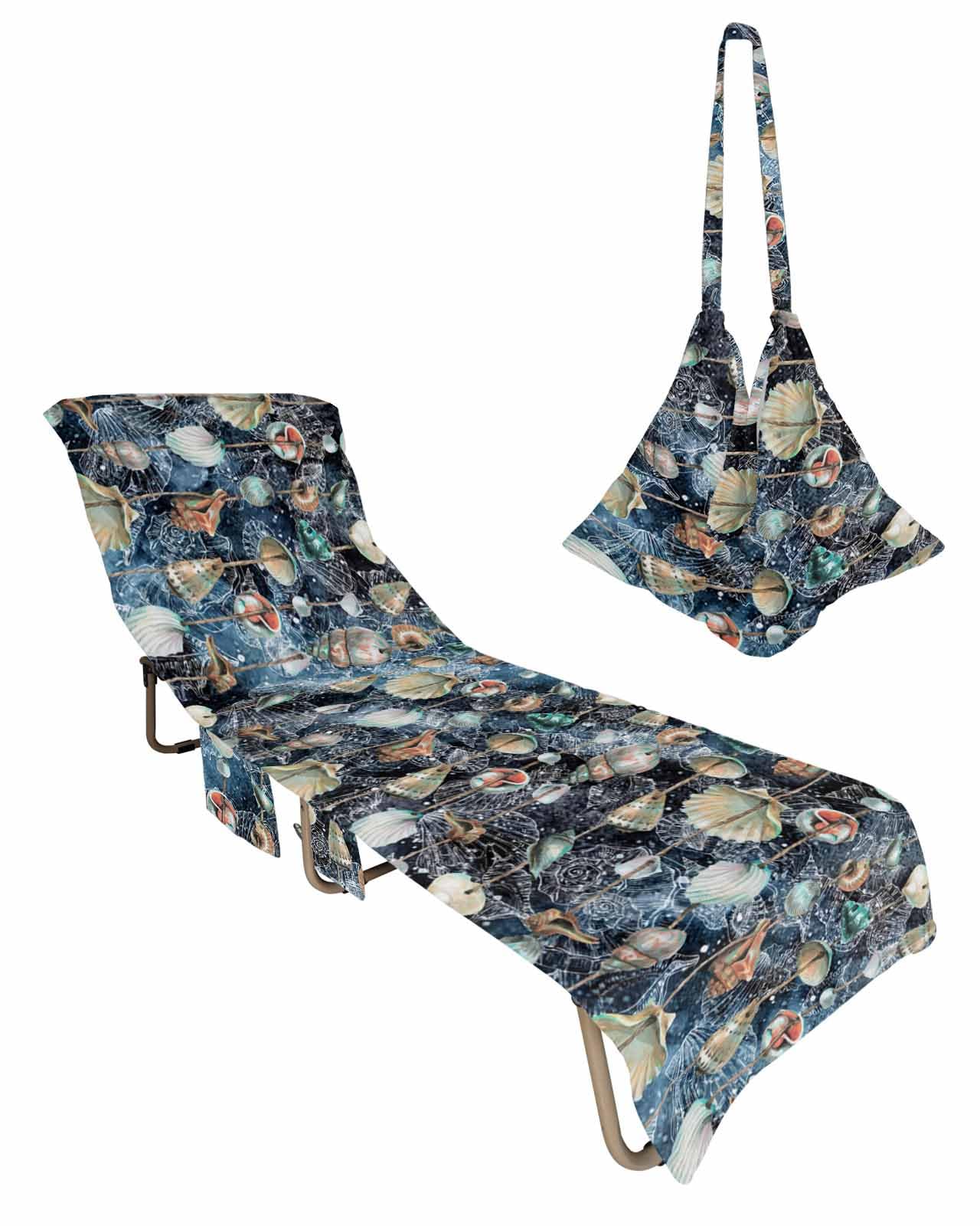 Nautical Conch Shells Beach Chair Cover with Side Pockets, Microfiber & Quick Dry Pool Chaise Lounge Chair Towels Covers for Sun Sunbathing Patio Garden Hotel, Vintage Summer Beach Navy Blue