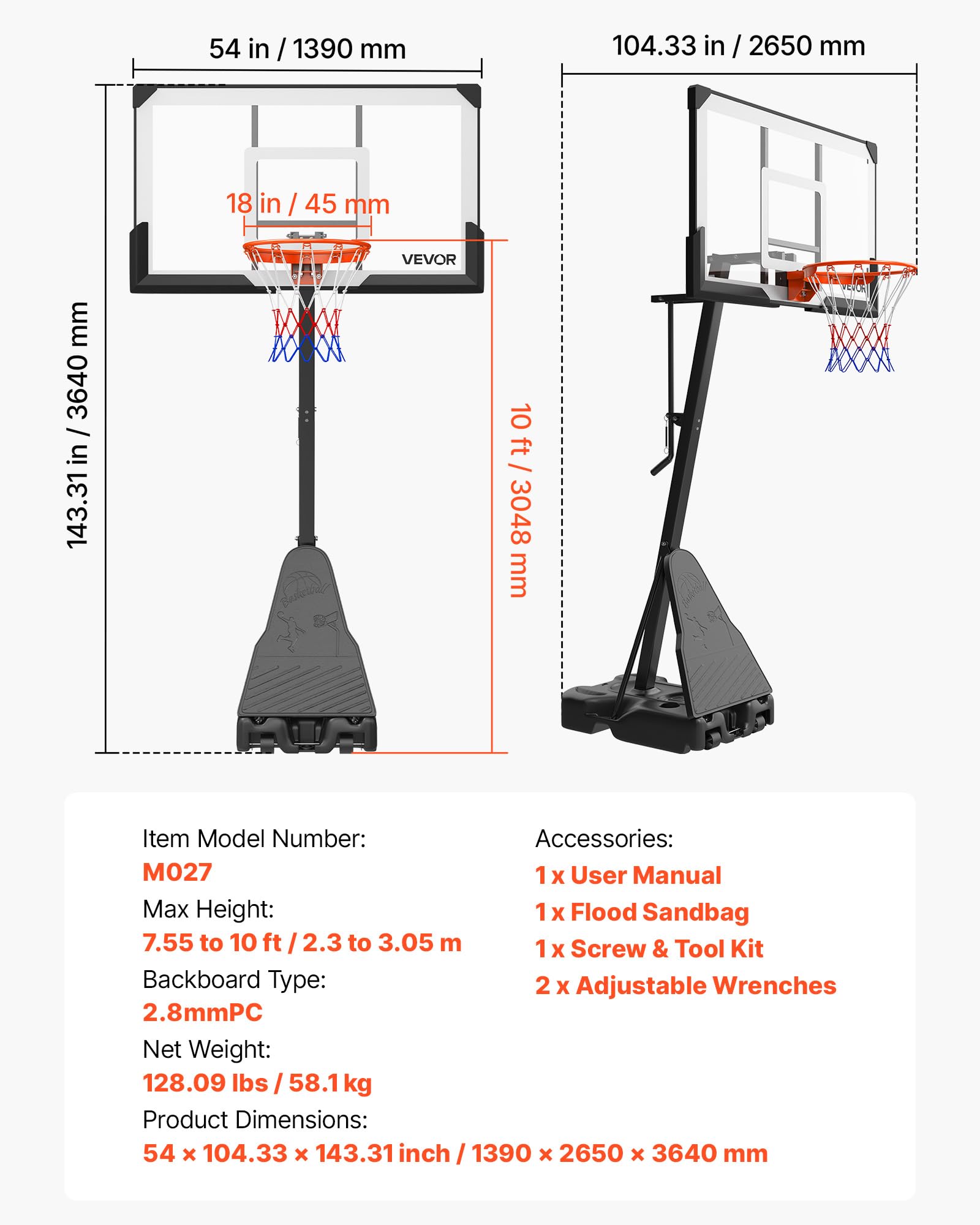 VEVOR Canestro da basket, regolabile in altezza, portatile, canestro da basket all'aperto, tabellone in PC per adolescenti, adulti, campo da basket, scuole, parchi