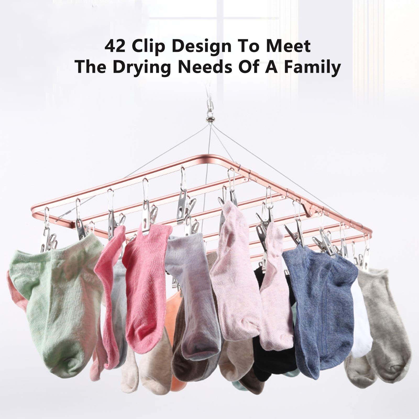 Stendibiancheria per calzini con 42 clip per appendere i vestiti dei bambini, mollette, design pieghevole, ganci di chiusura antivento, rettangolo (colore: oro + argento) Efficienza (argento + argent