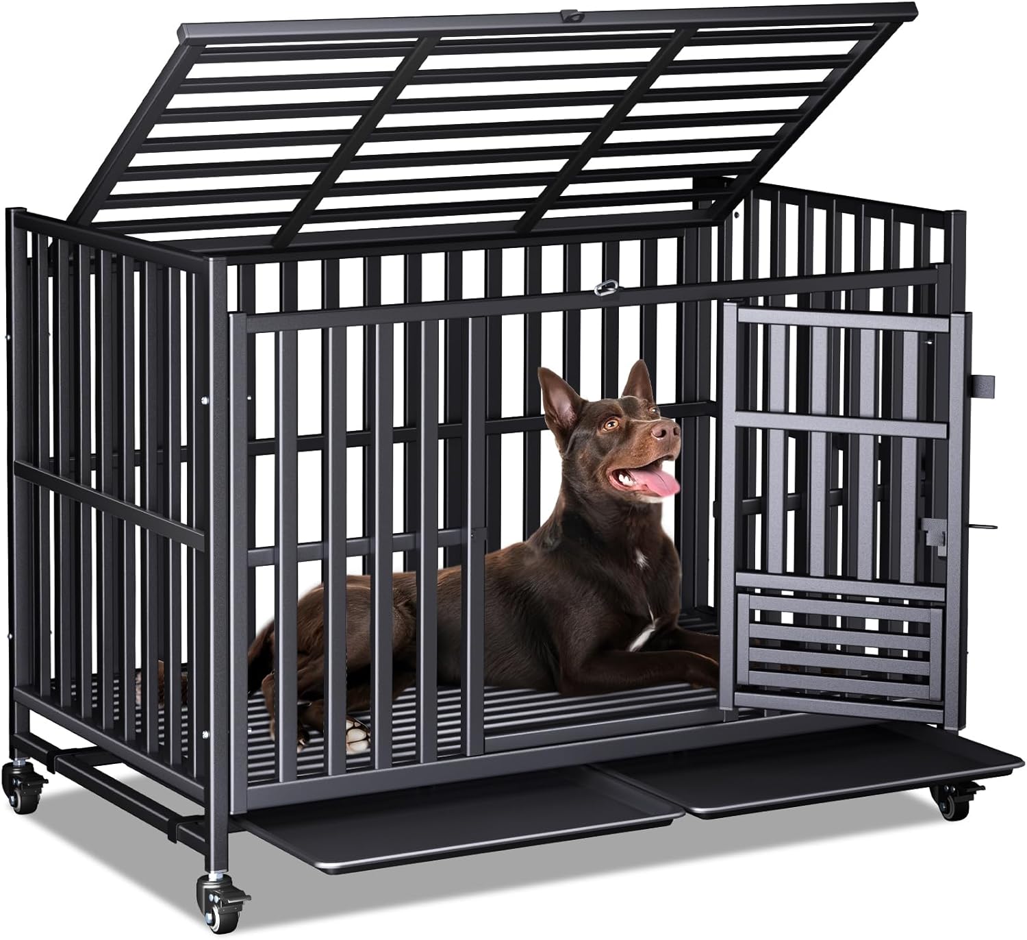 Heavy Duty Dog Crate, Upgraded Thickened Steel Frame Indestructible Kennel for Large & High Anxiety Dogs, Escape Proof Design with 3 Doors, 4 Lockable Wheels and 2 Removable Trays