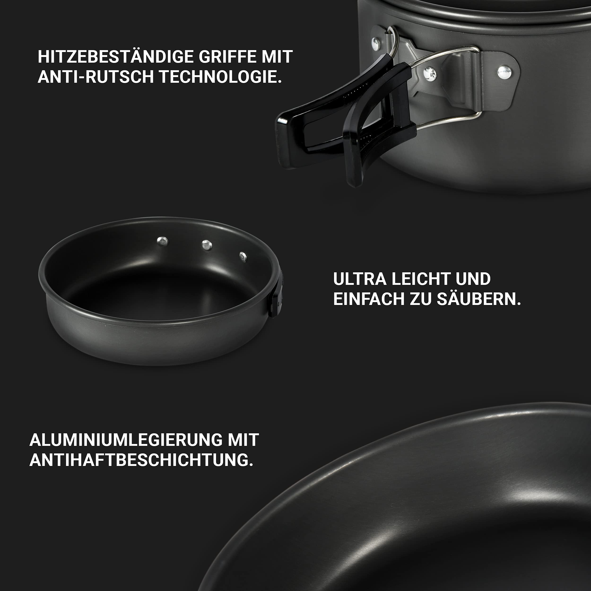 MSPORTS Zestaw kempingowy Premium – naczynia do gotowania na zewnątrz z aluminium wokół naczyń, garnek i patelnia z aluminium i stali nierdzewnej, dla 2-5 osób