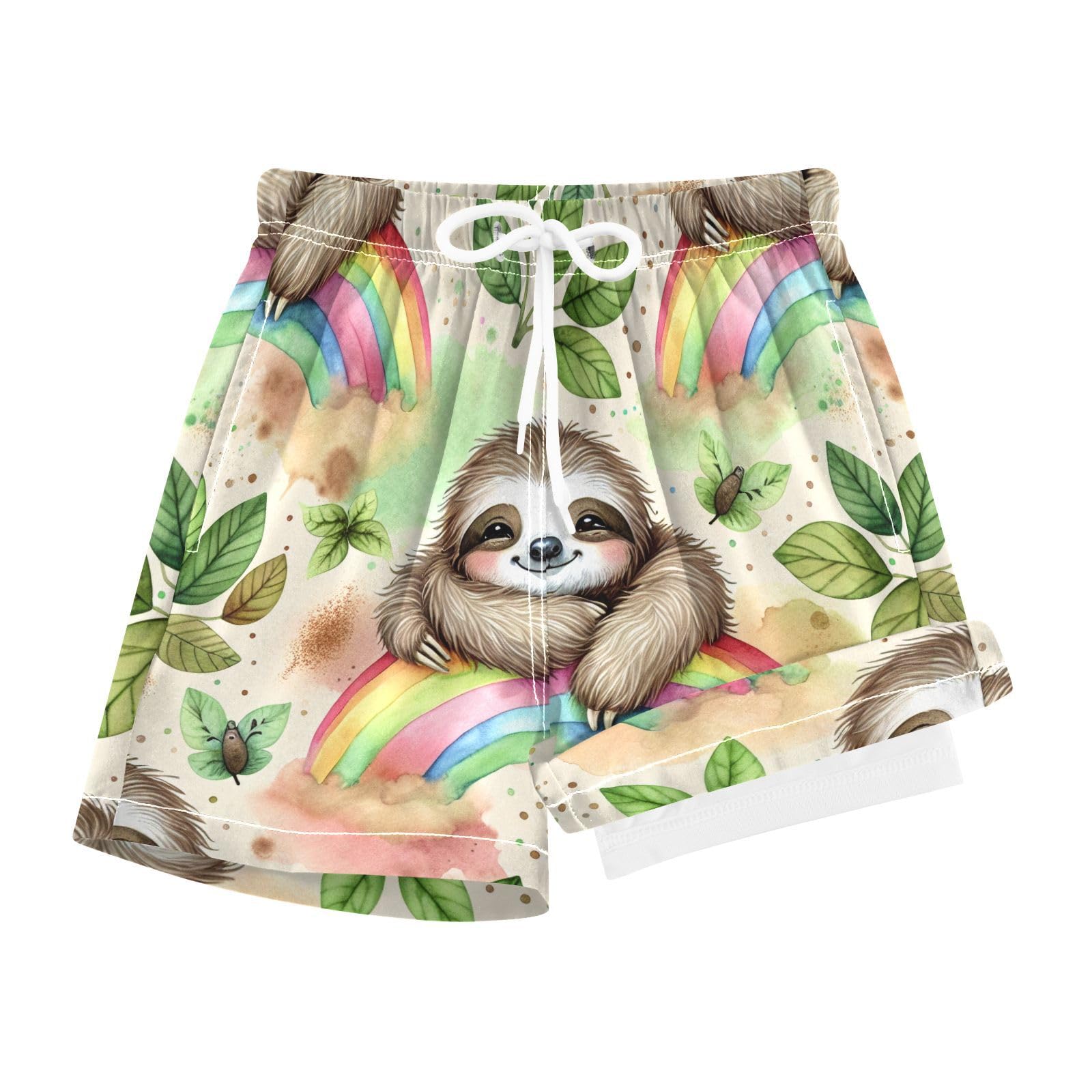 YANENDIE Boy Swim Trunks with Compression Liner Cute Sloth on Rainbow Boys Swim Shorts Quick Dry Beach Shorts