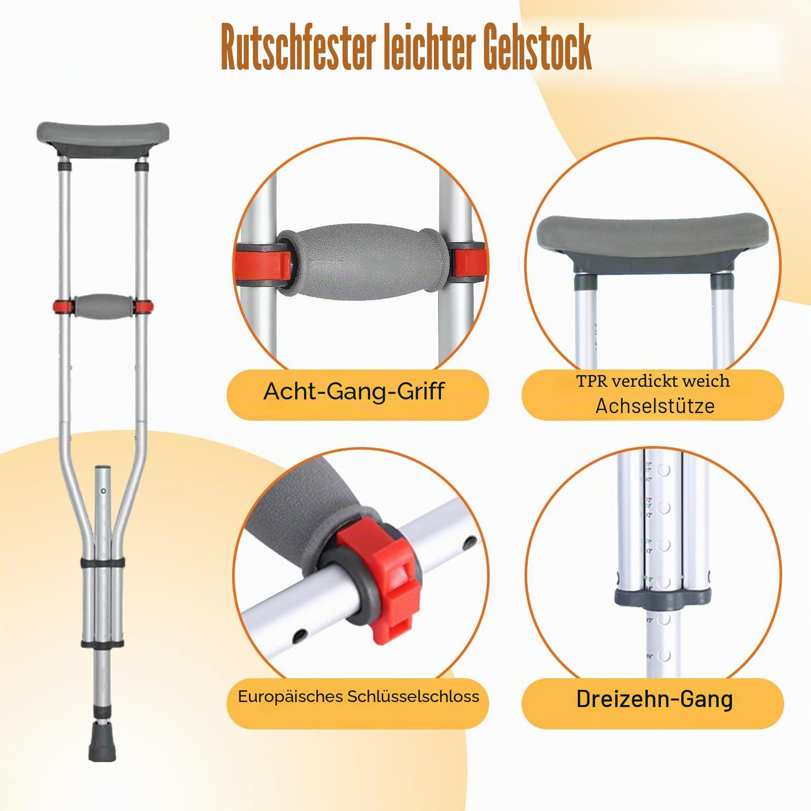 Unterarmgehstützen Aluminium, Faltbare Krücken höhenverstellbar 135–195 cm, 136 kg belastbar, Gehstützen mit rutschfesten Füßen, für Erwachsene nach OP oder Beinverletzung, 1 Paar