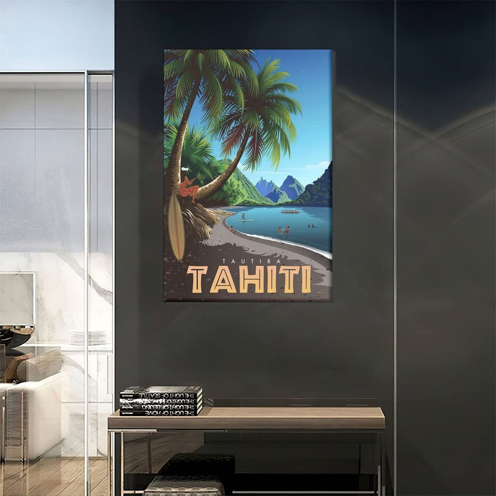 Poster Vintage Tautira Tahiti Beach Sur Toile - Décoration Murale Voyage Tahiti YONGCAI