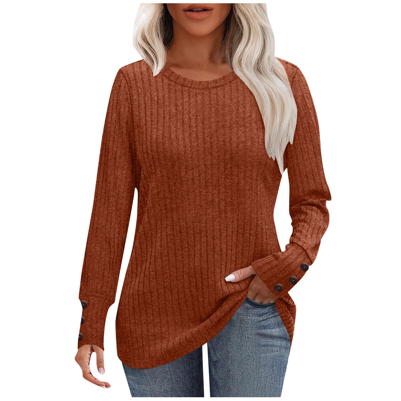 Womens Long Sleeve Sweaters Button Cuff Ribbed Knit Sweaters 2025 Fashion Lightweight Casual Crewneck Tunic Tops