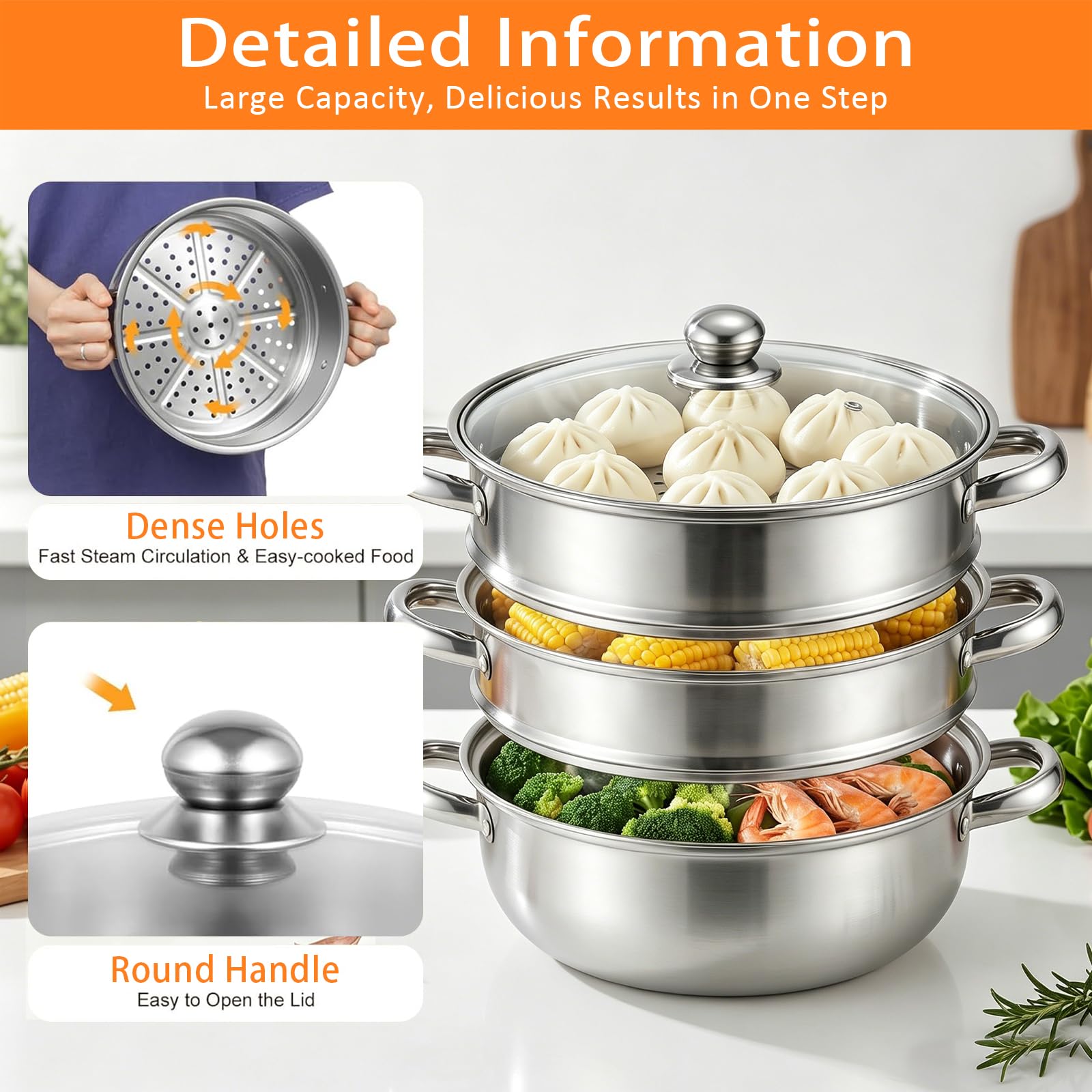 Vaporera de 28 cm de acero inoxidable, 3 y 4 niveles, olla con tapa de cristal, olla a presión apilable para verduras, pescado, pasta y sopas, para inducción y gas (3 niveles)