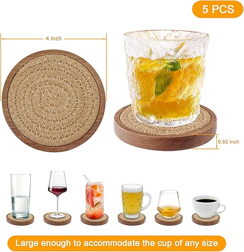 Miniatura 6 de Posavasos de madera para bebidas, juego de 5 posavasos absorbentes, posavasos tejidos para mesa de café, regalo de inauguración de la casa para