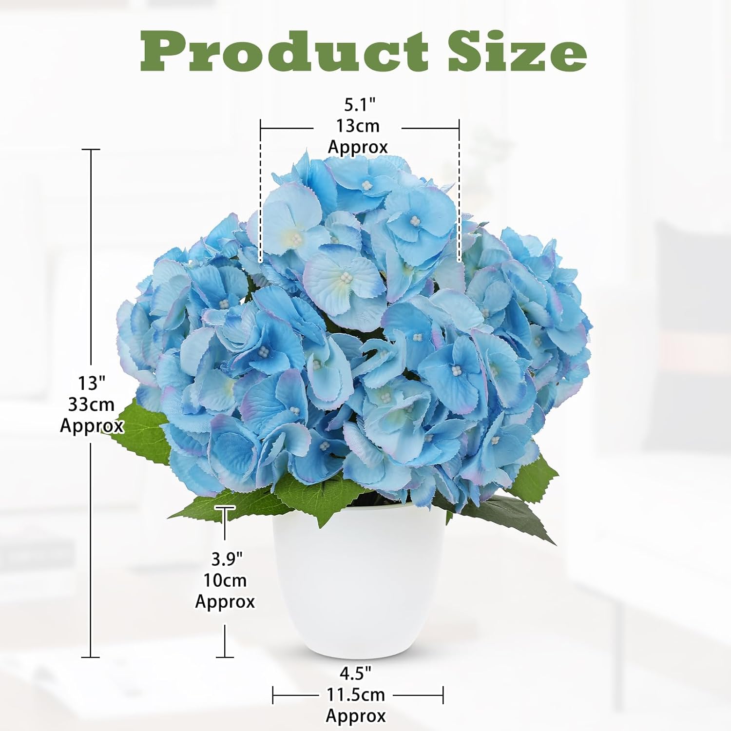 13" Artificial Hydrangea Flowers Plant in White Pot, Faux Hydrangeas Plants for Coastal Home Office Indoor Outdoor Decor, Realistic Floral Arrangement for Side Table, Porch & Entryway, Pale Blue
