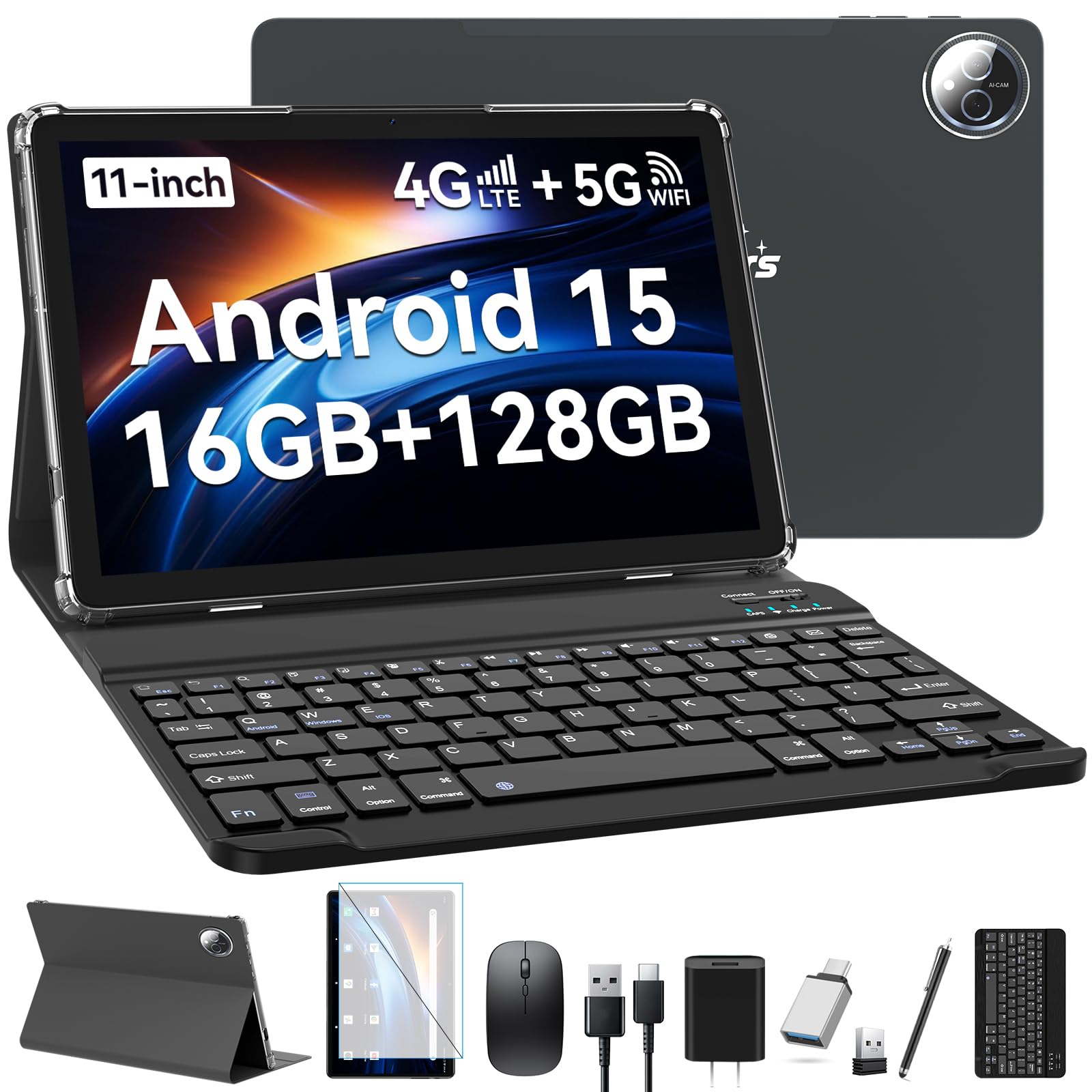 Tablet 2026 Upgraded Android 15, 11 Inch Tablet with Keyboard, 16GB RAM+128GB ROM/1TB Expendable, MTK8786 Octa-Core Processor, Gemini AI 2.0, Dual 4G