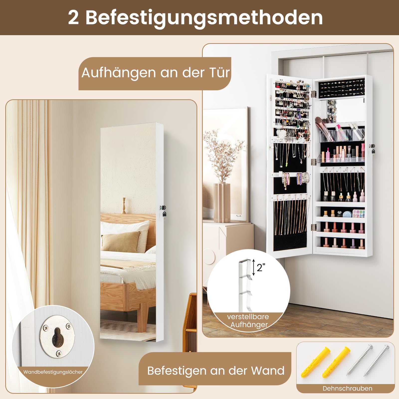 COSTWAY Schmuckschrank hängend, 2 in 1 Wandspiegel & Schmuck Organizer, Spiegelschrank abschließbar, Schminkschrank mit 2 Spiegel, Tür- / Wandmontage, verstellbare Haken (Weiß)