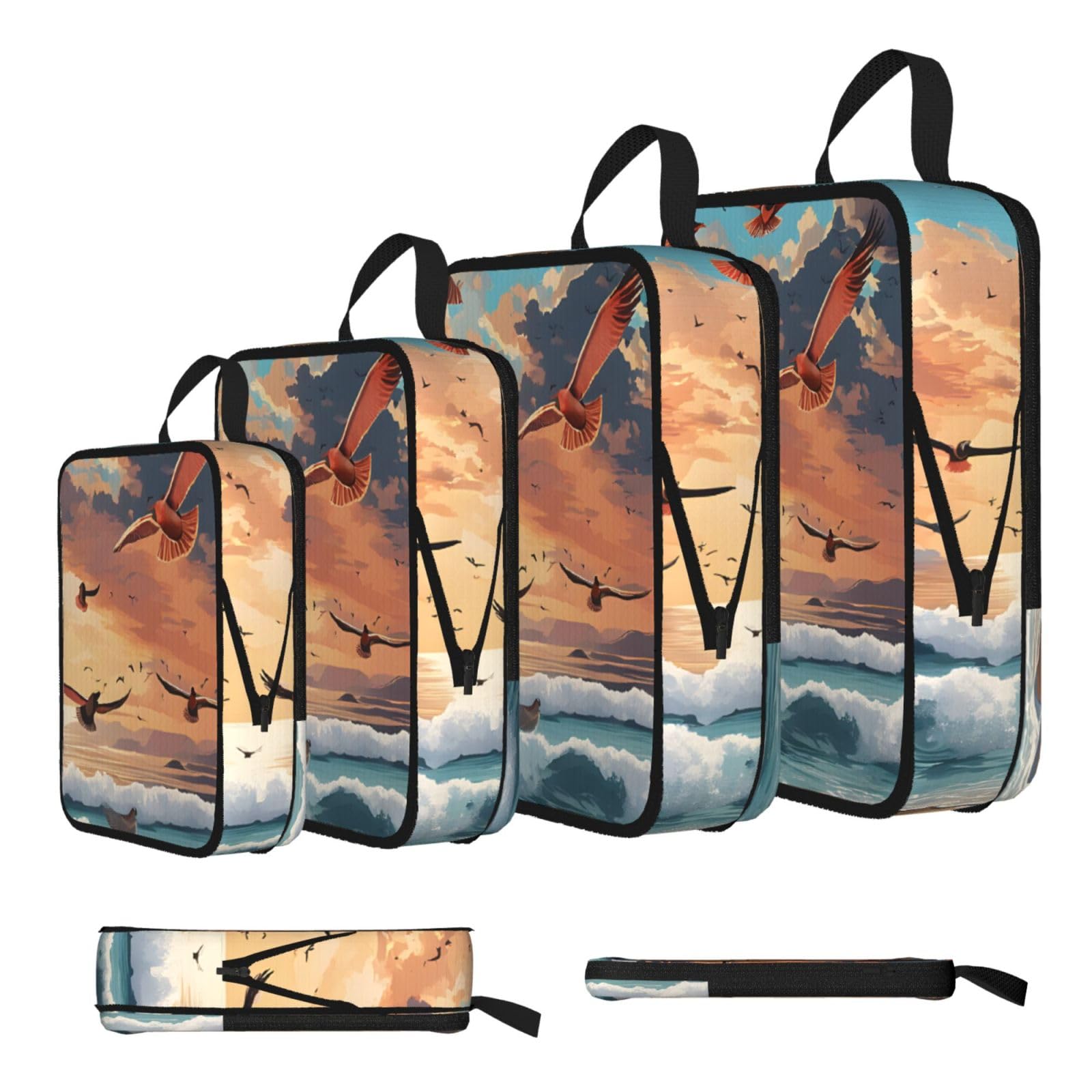Ezdlowvba Black Coconut Palm Tree Sandy Beach Print Compression Packing Cubes 4-Piece Set With Multi- Compartment Travel Bag, Waterproof Suitcase Organiser Bags