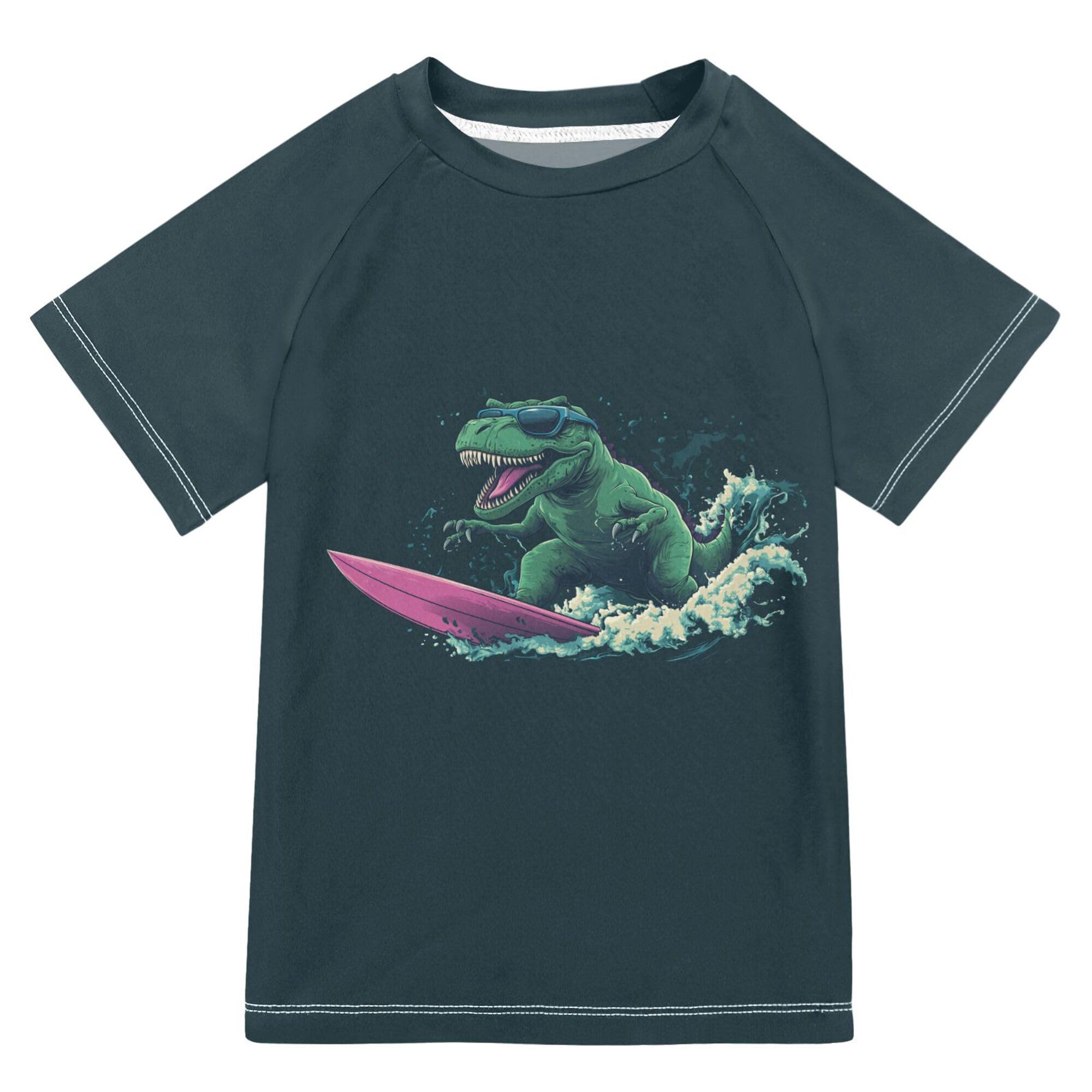 Wudan T-rex Dinosaur Surfing Dark Girls Bathing Suit Short Sleeves Rash Guard for Girls Swimwears Activewear for Toddler Boy 9-10Y
