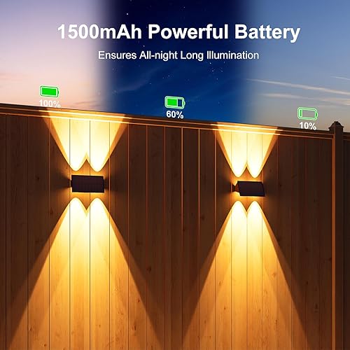 Miniatura 7 de Luces solares impermeables para exteriores, 4 luces LED solares para valla, color blanco cálido, luces solares de pared de atardecer a amanecer,