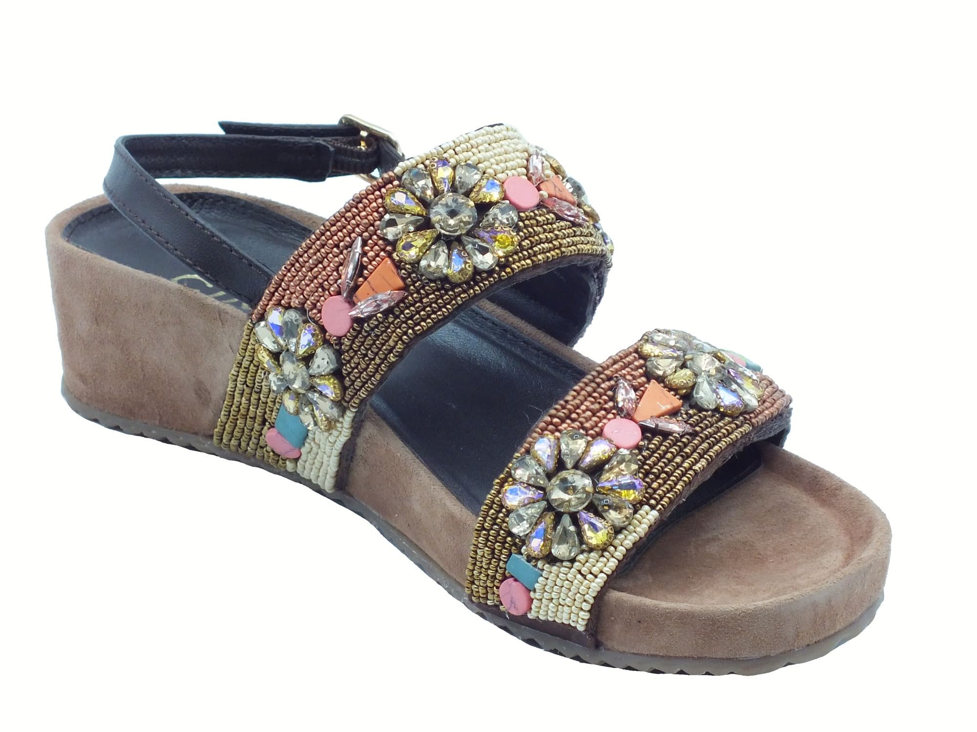 IT1031 Brown Multi Sandali per Donna con Perline Multicolore Doppio Strappo Zeppa Media