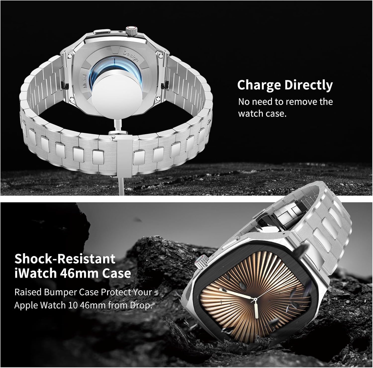 For Apple Watch 46mm Case Metal Band, Luxury 316L Stainless Steel iWatch S10 46mm Case for Men, Stainless Steel Strap Apple Watch 46mm Protective Rugged Cover - Image 5