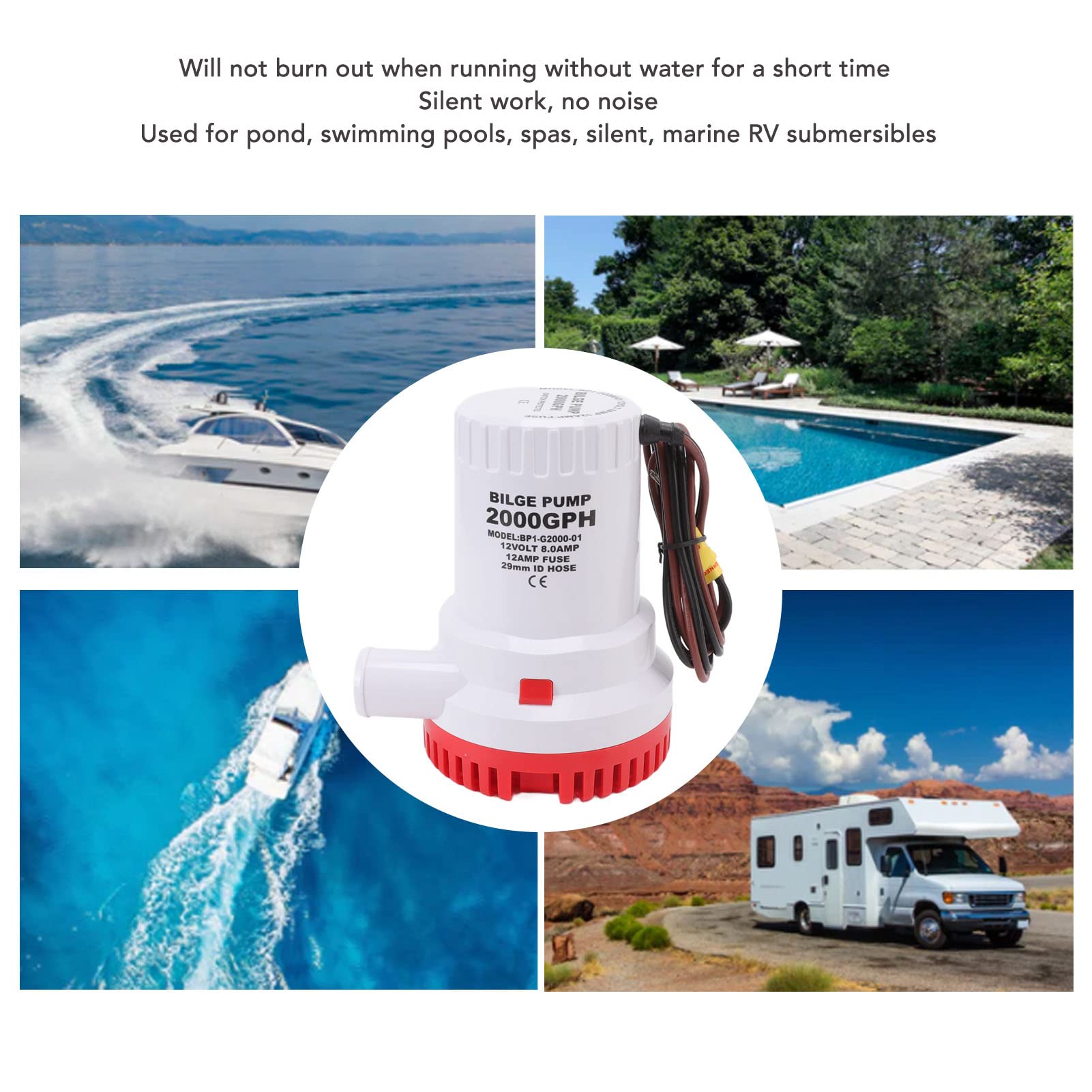Generic Bomba de Achique Bomba de Agua Sumergible 45m³/h Flujo 2000 GPH con Motor Refrigerado por Agua Funcionamiento Silencioso para Estanque Piscina Marino RV Spa (12V)