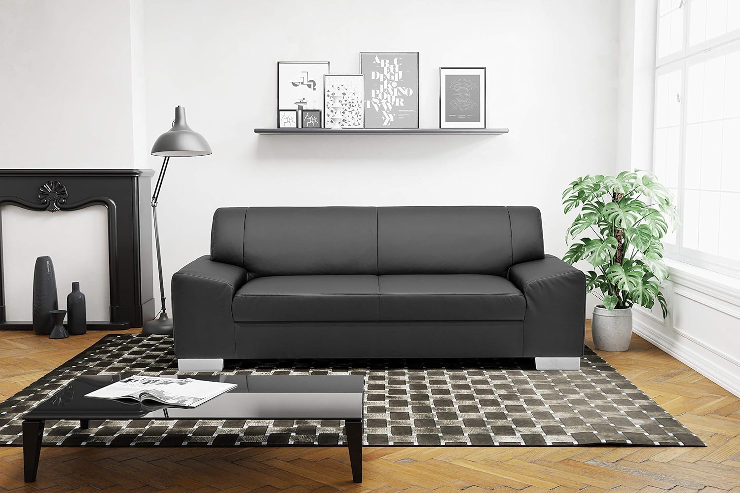 DOMO. collection Sofa Alisson, 3er Couch, 3 Sitzer, 3er Garnitur, Polstergarnitur 199 x 83 x 75 cm (BxTxH), in schwarz | 3 Sitzer aus Kunstleder mit Wellenfederung und Chromfüßen, 203 x 83 x 75 cm (BxTxH)