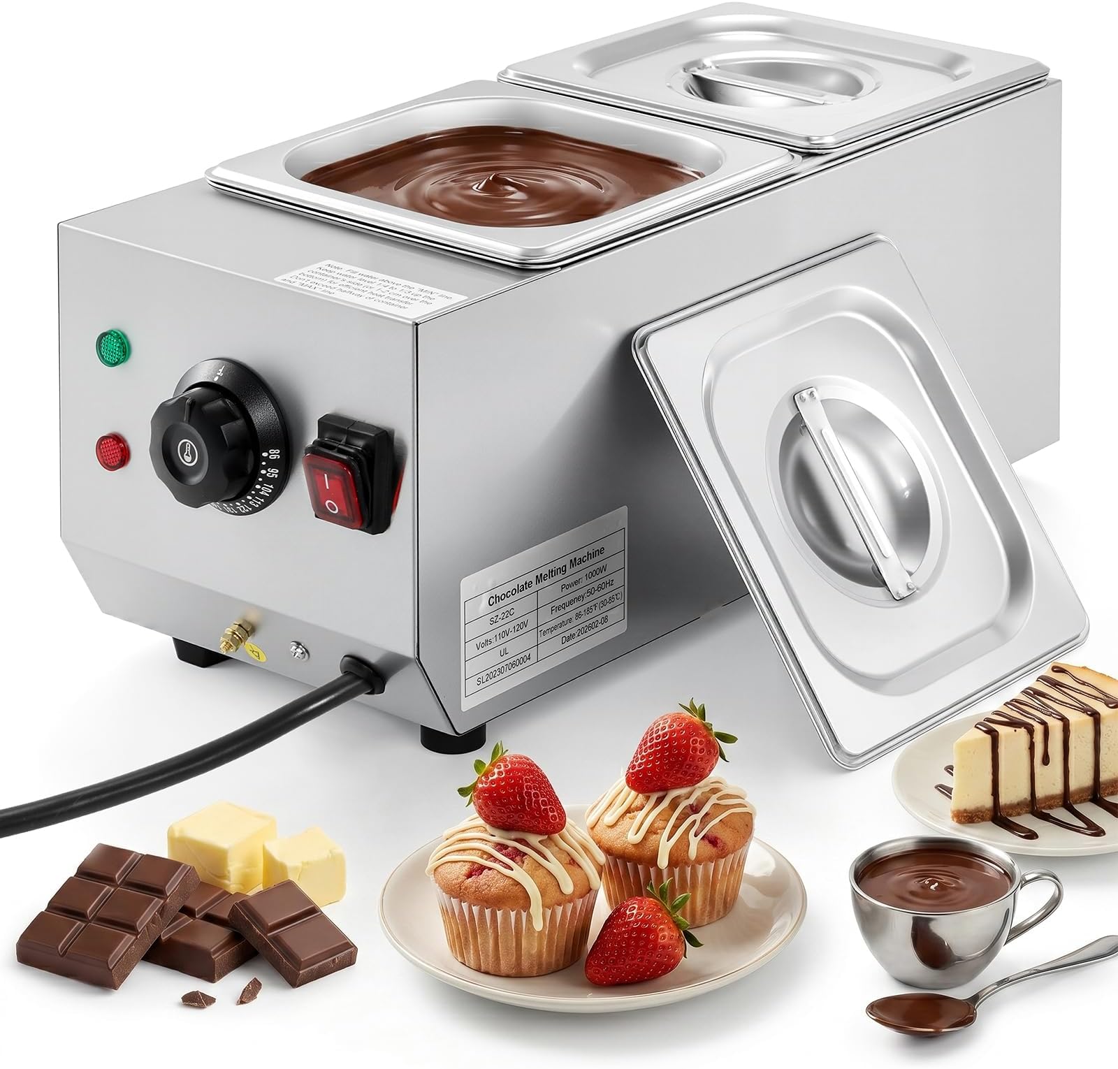 WICHEMI Chocolate Tempering Machine Chocolate Melter Chocolate Melting Pot 2 Tanks 9lbs Stainless Steel Chocolate Warmer Melting Machine Home Or Bakery Use
