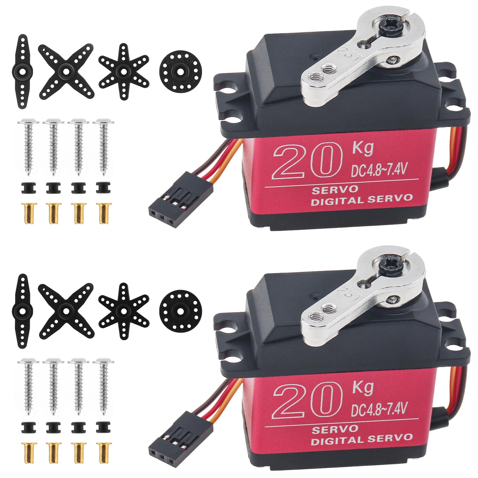 Paquete de 2 servomotores RC de 20 kg de alto par, servo de dirección de engranajes de metal completo con bocina servo de 25T para robot de coche RC de 1/8 1/10, ángulo de control de 180°