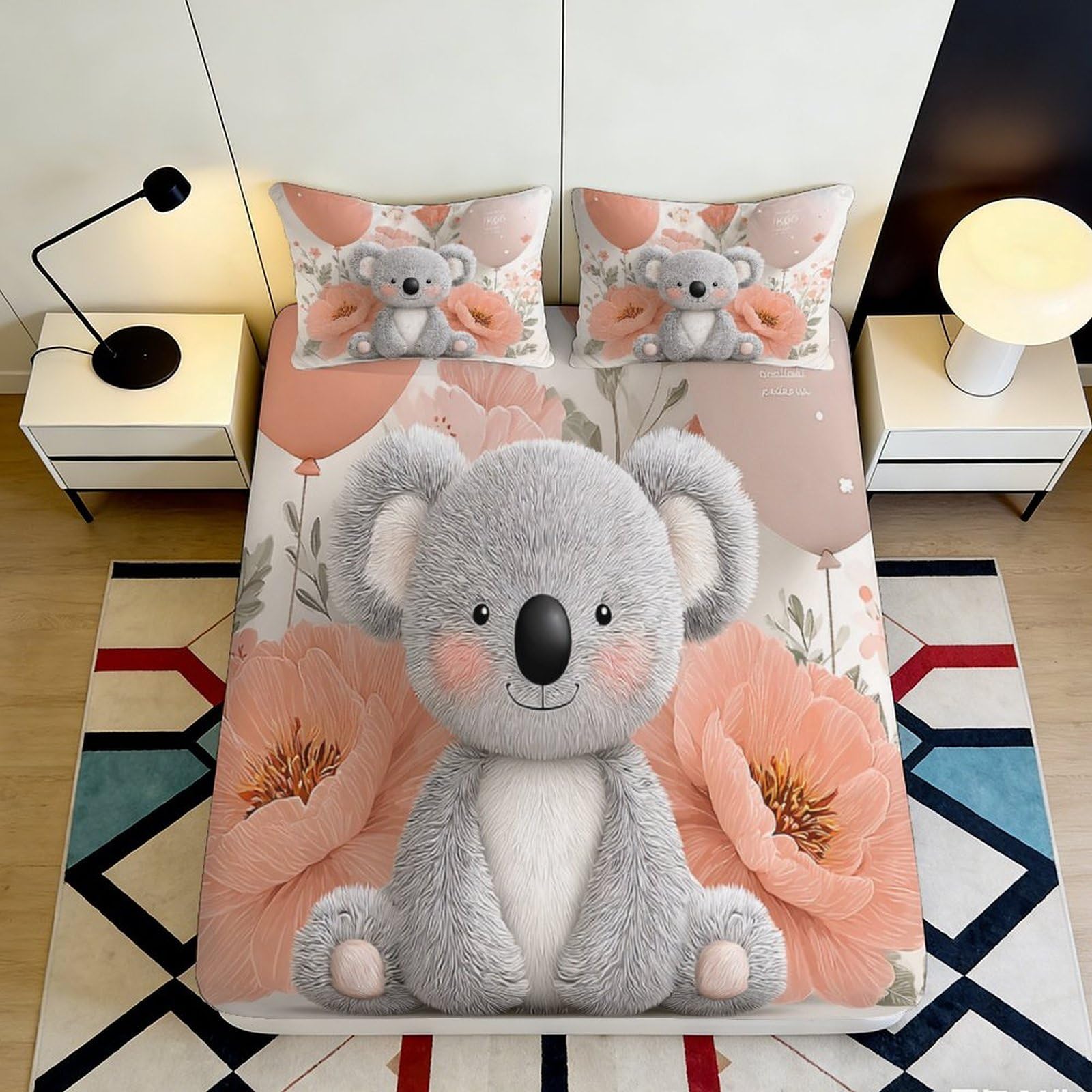 Jqzkxnhpbr Style-8 3D Printed Cute Koala Fitted Sheet Microfiber Soft Peach Floral Mattress Cover For Bedroom Guest Room Dorm Decor 90X200x25cm
