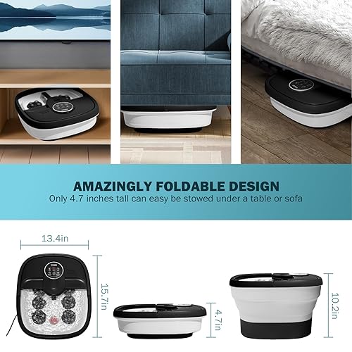 Miniatura 17 de KNQZE Spa de pies plegable con calor, control remoto, control de temperatura, burbujas, piedra pómez, luz roja, temporizador, 16 rodillos de masaje