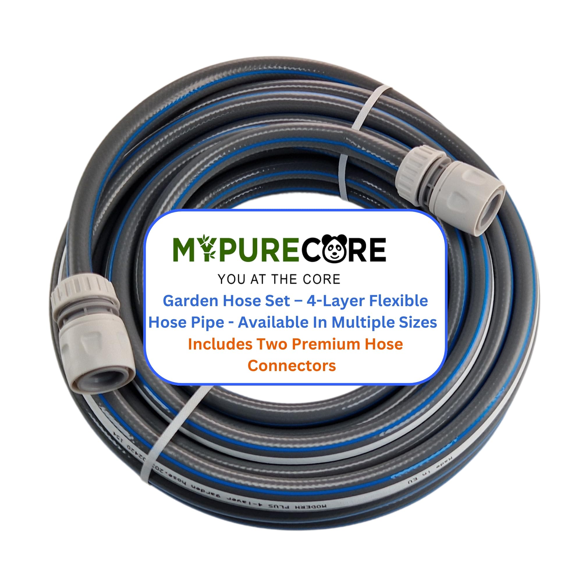 MYPURECORE Garden Hose – 4-Layer Flexible Hose Pipe with 2 Universal Hose Connectors – Kink-Resistant, UV-Protected, Durable PVC Watering Hose for Garden, Car Wash & Outdoor Use (5m)
