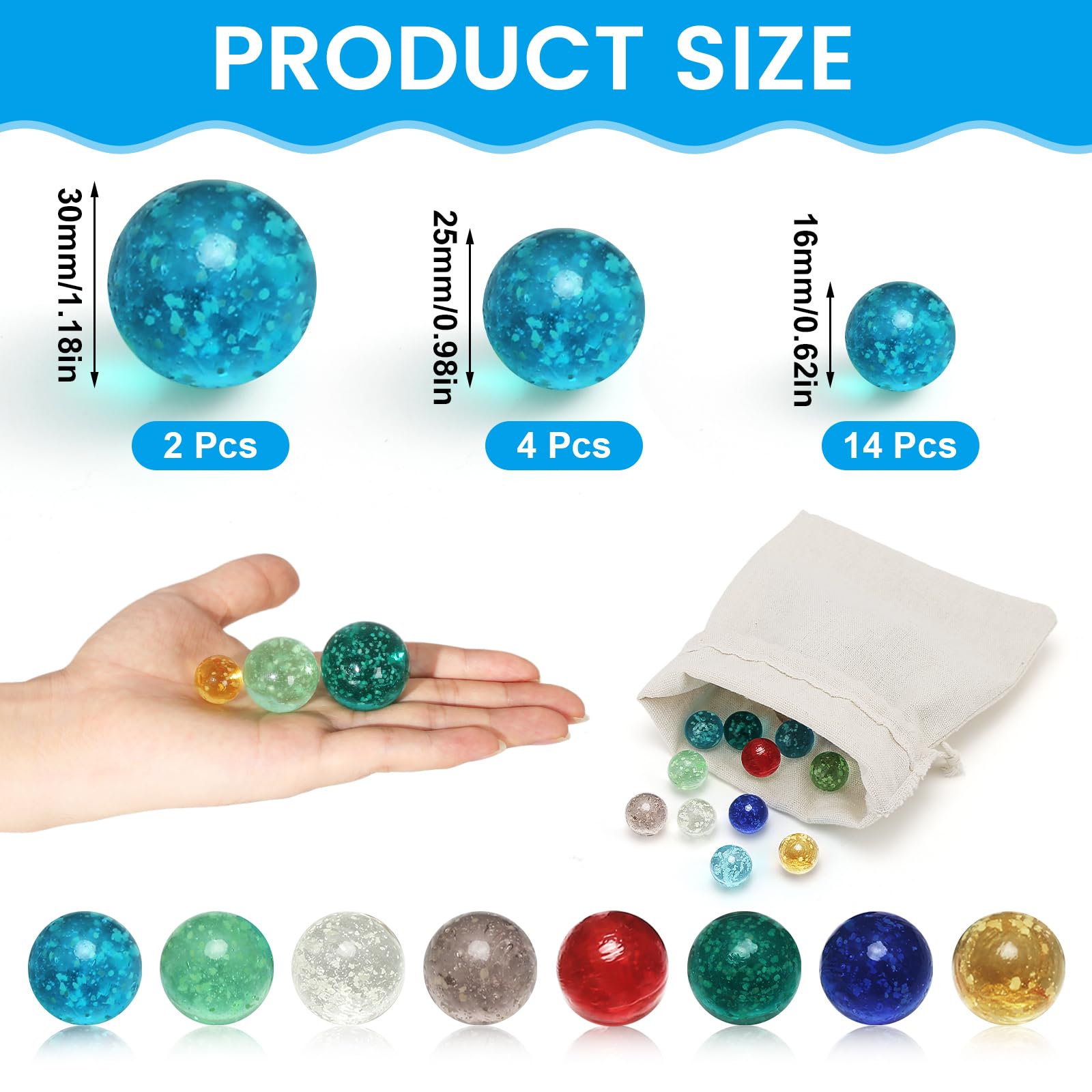 20 Canicas de Cristal, 16 mm/25 mm/30 mm, Brillan en la Oscuridad, Bolsa de Cordon, Juegos de Canicas, Proyectos de Bricolaje para Ninos, Decoracion del Hogar, A partir de 8 Años