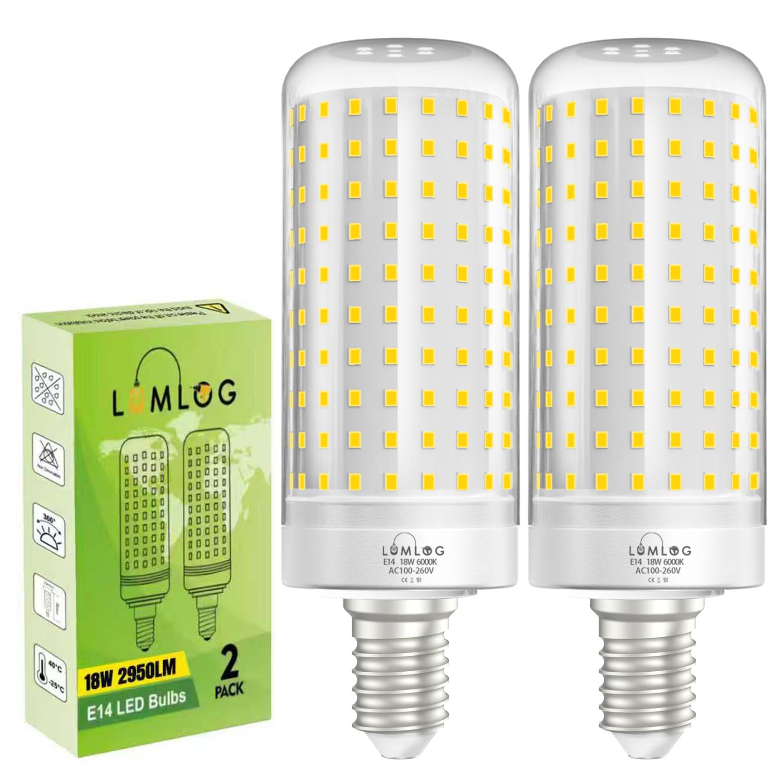 Lumlog E14 LED Corn Light Bulbs Cool White 6000K, 180W Incandescent Bulbs Equivalent, 2950LM Corn LED Bulb for Ceiling Lamp, Wall Lamp, Desk Lamp, Pack of 2 — image 1
