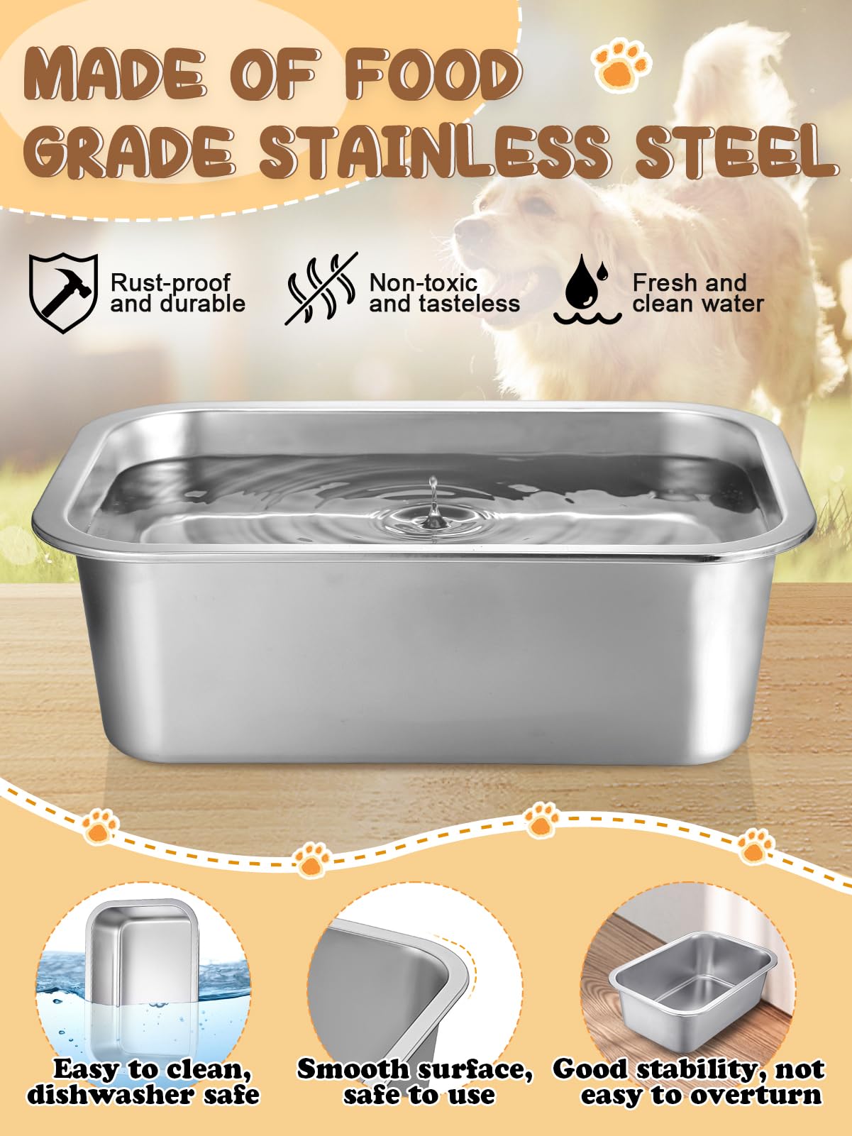 Grande gamelle d'eau pour chien en acier inoxydable de qualité alimentaire, grande capacité pour eau et nourriture pour chiens de grande taille, intérieur et extérieur