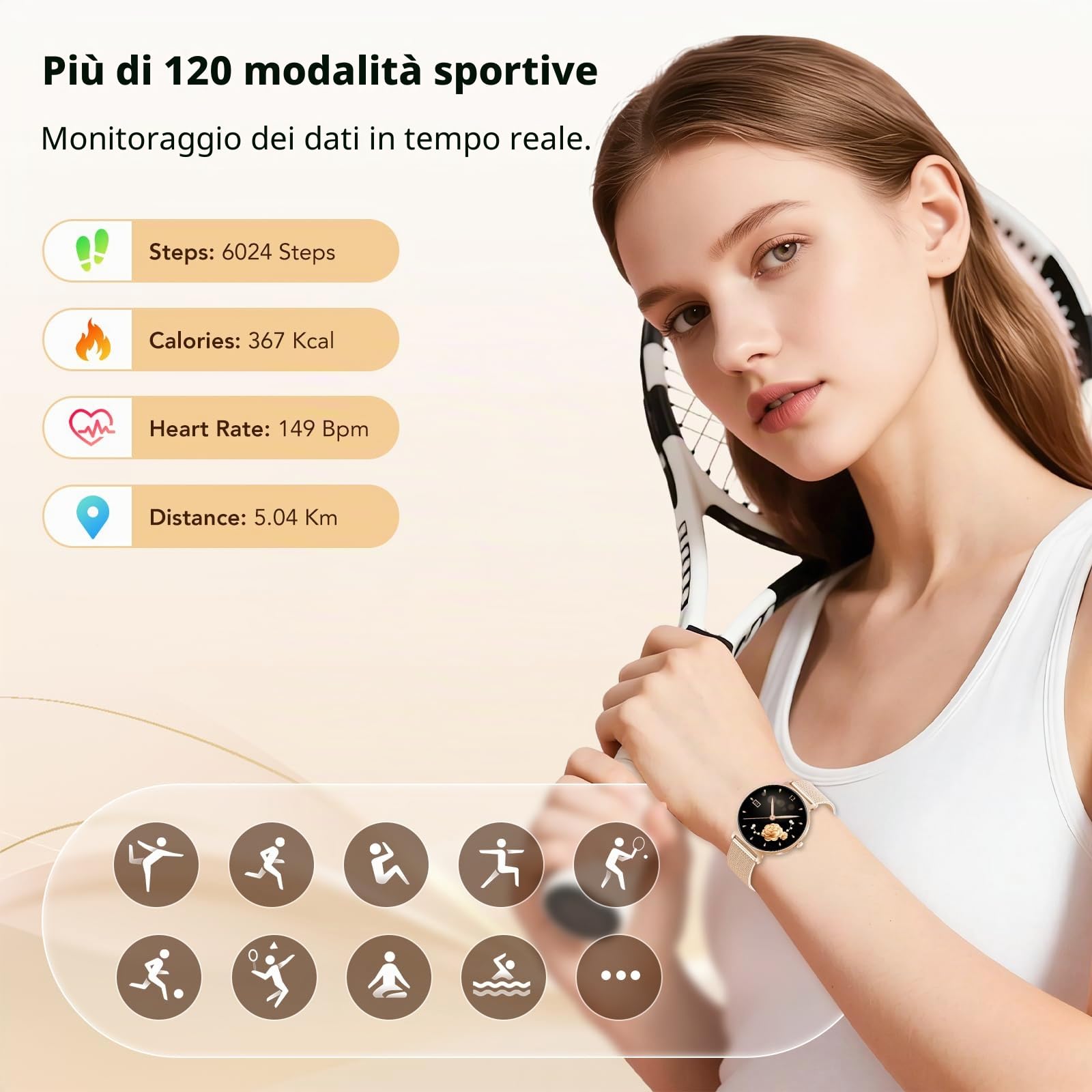 Orologio Smartwatch Donna, Schermo Rotondo AMOLED 1,27", Chiamate Bluetooth, Monitoraggio Battito e Sonno Smart Watch Donna, 120+ Modalità Sportive, Impermeabilità IP68 (Oro Rosa)