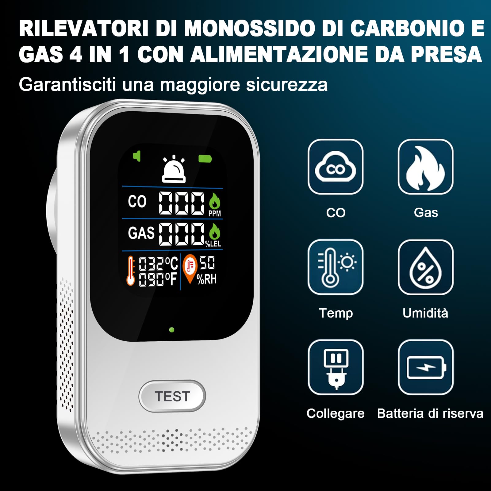 Wolf Guard 4 in 1 Rilevatore di Gas e Monossido di Carbonio con Spina per Casa, Rivelatore di Gas Combustibile per Gas Naturale LPG Metano Propano Butano, con Batteria, HD12-CG (Batteria 2000 mAh)