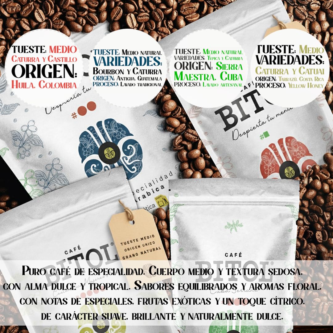 Kit de Iniciación + Itálica BITOL 4 Cafés de Especialidad 100% Arábica (Colombia, Guatemala, Cuba y Costa Rica) 4 x 500 g + Molinillo Manual y Cafetera Moka | Notas de Caramelo y Frutos Secos