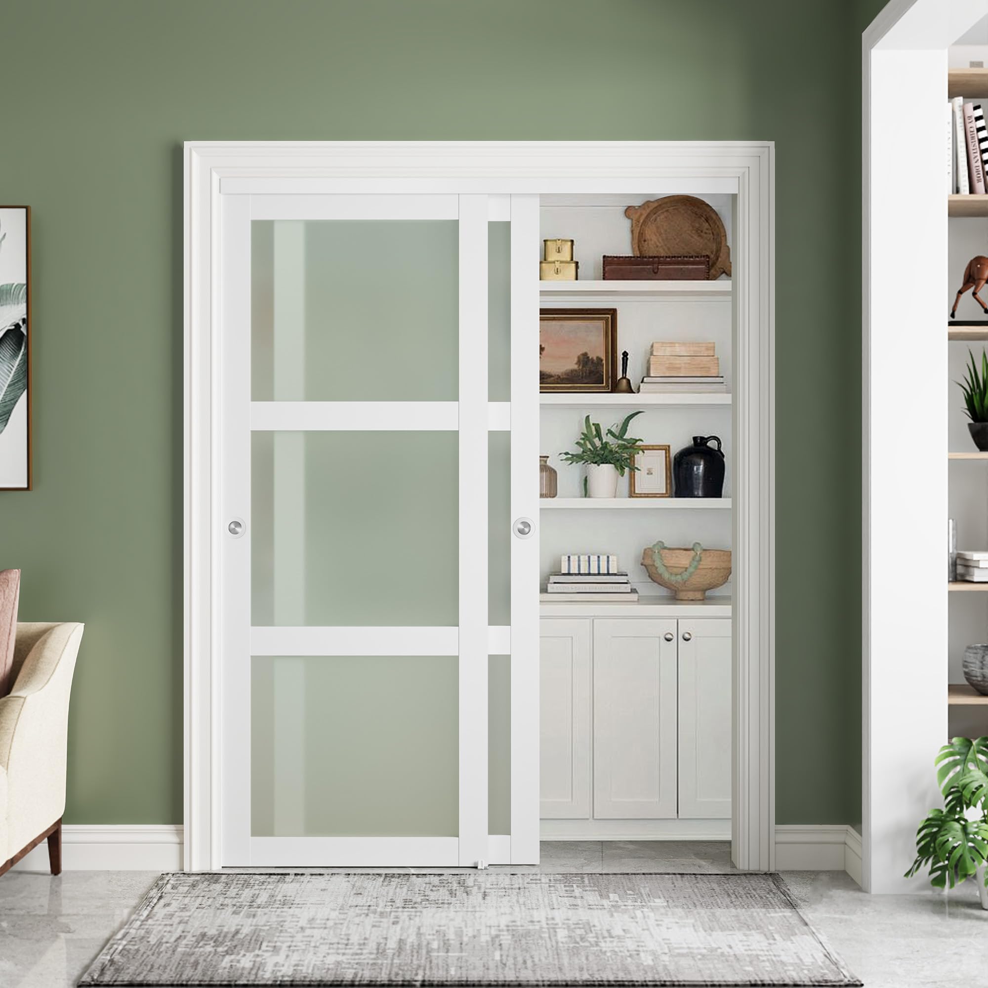 Photo 1 of ***No hardware*** SMARTSTANDARD Sliding Closet Door 112x80(Double 56") Inch, Bypass Frosted Glass 3-Lite,Hardware Kit with Handles Included, Preassembled MDF with PVC Panels for Easy Install, White