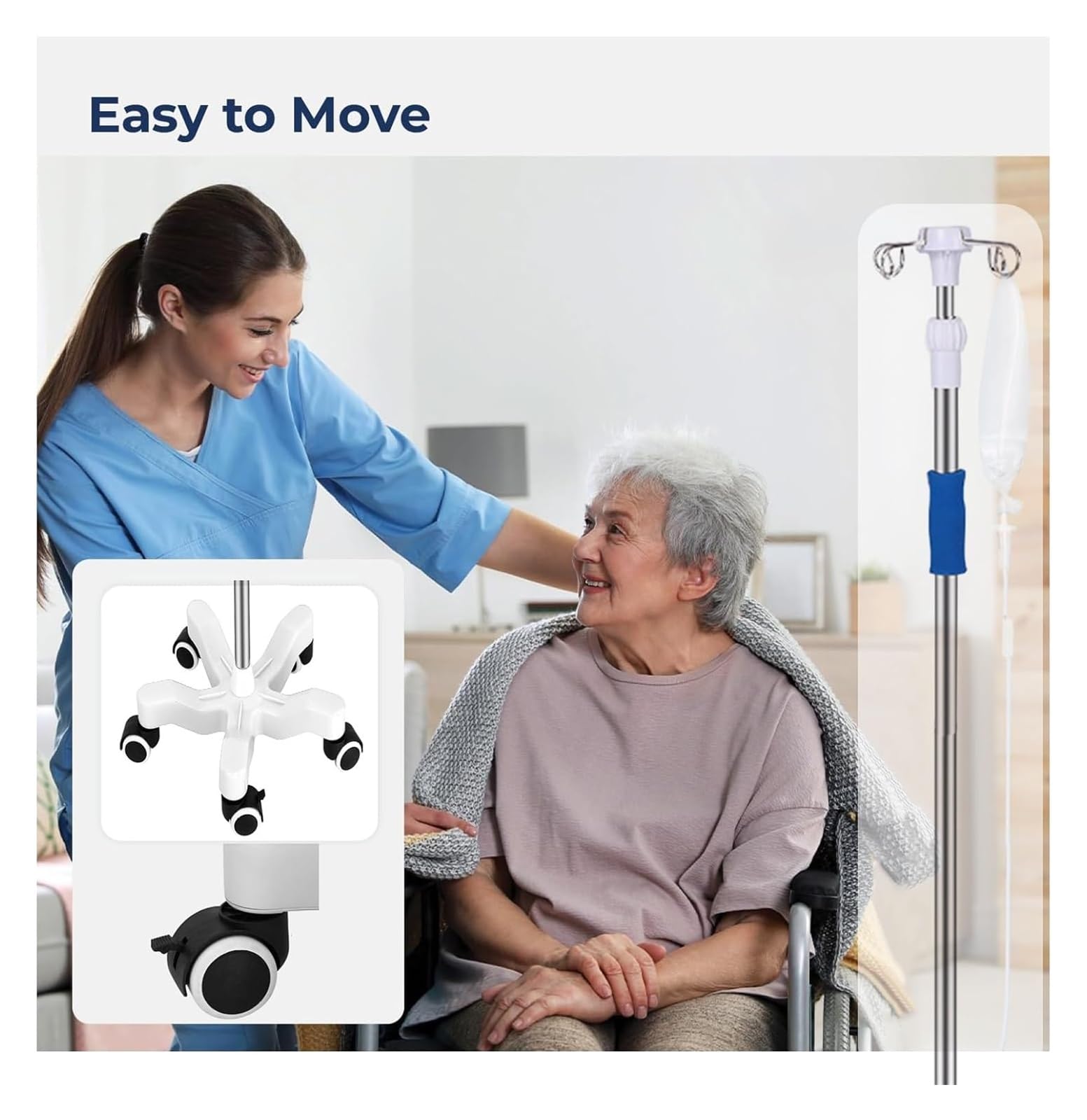 Asta per flebo, Asta per flebo con Ruote, 4 Ganci, 5 Ruote, Supporto per Sacca per fluidi IV, Altezza Regolabile, Asta per flebo per Ospedale Domestico (Bianco B)